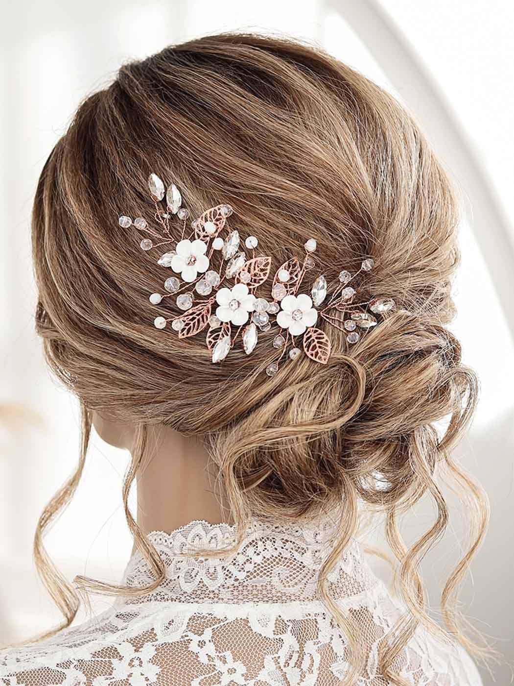 Unicra Silver Flower Bride Wedding Hair Vine Leaf Bridal Hair Piece Rhinestone Hair Accessories Beaded Headpieces Jewelry for Women and Girls (Rose Gold) - Image 5