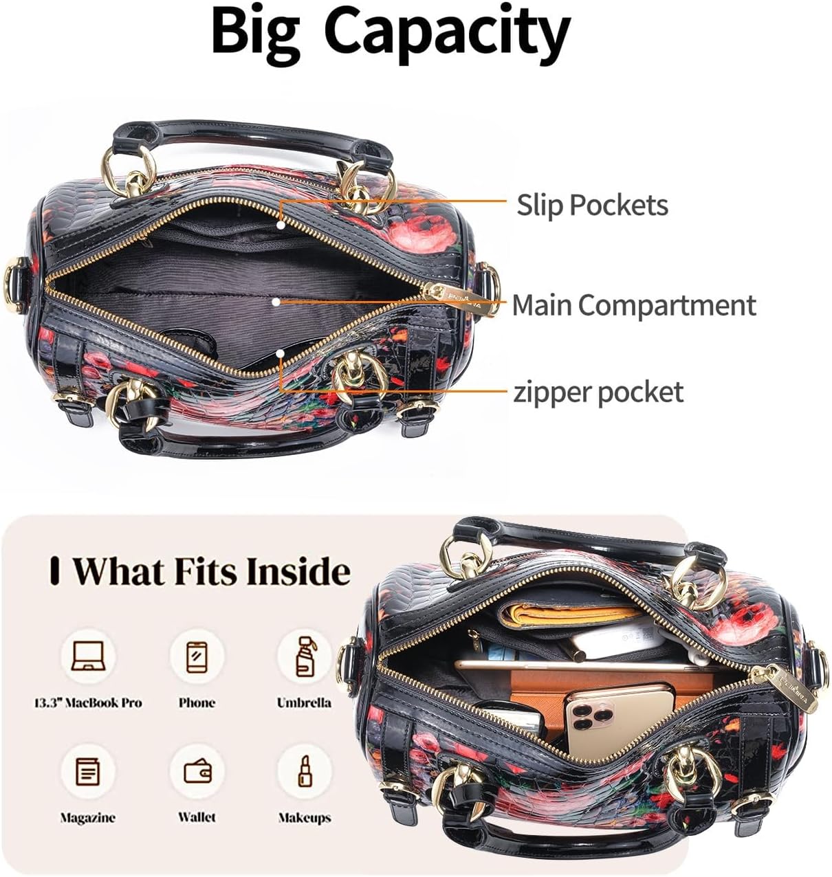 Large Genuine Leather Purses and Handbags for Women, Designer Luxury Shoulder Bags With Zipper and Detachable Shoulder Strap, Leather Crossbody Bags for women, Suitable for Work and Trave(Black rose) - Image 6