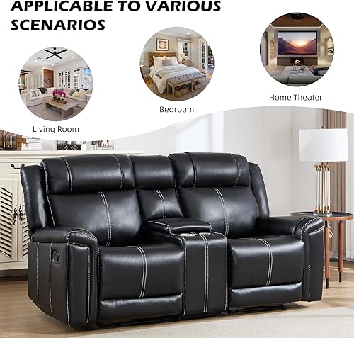 Miniatura 6 de EBELLO Sofá reclinable de dos plazas de piel sintética, sofá reclinable manual, silla de 2 plazas de estilo moderno de mediados de siglo con Negro