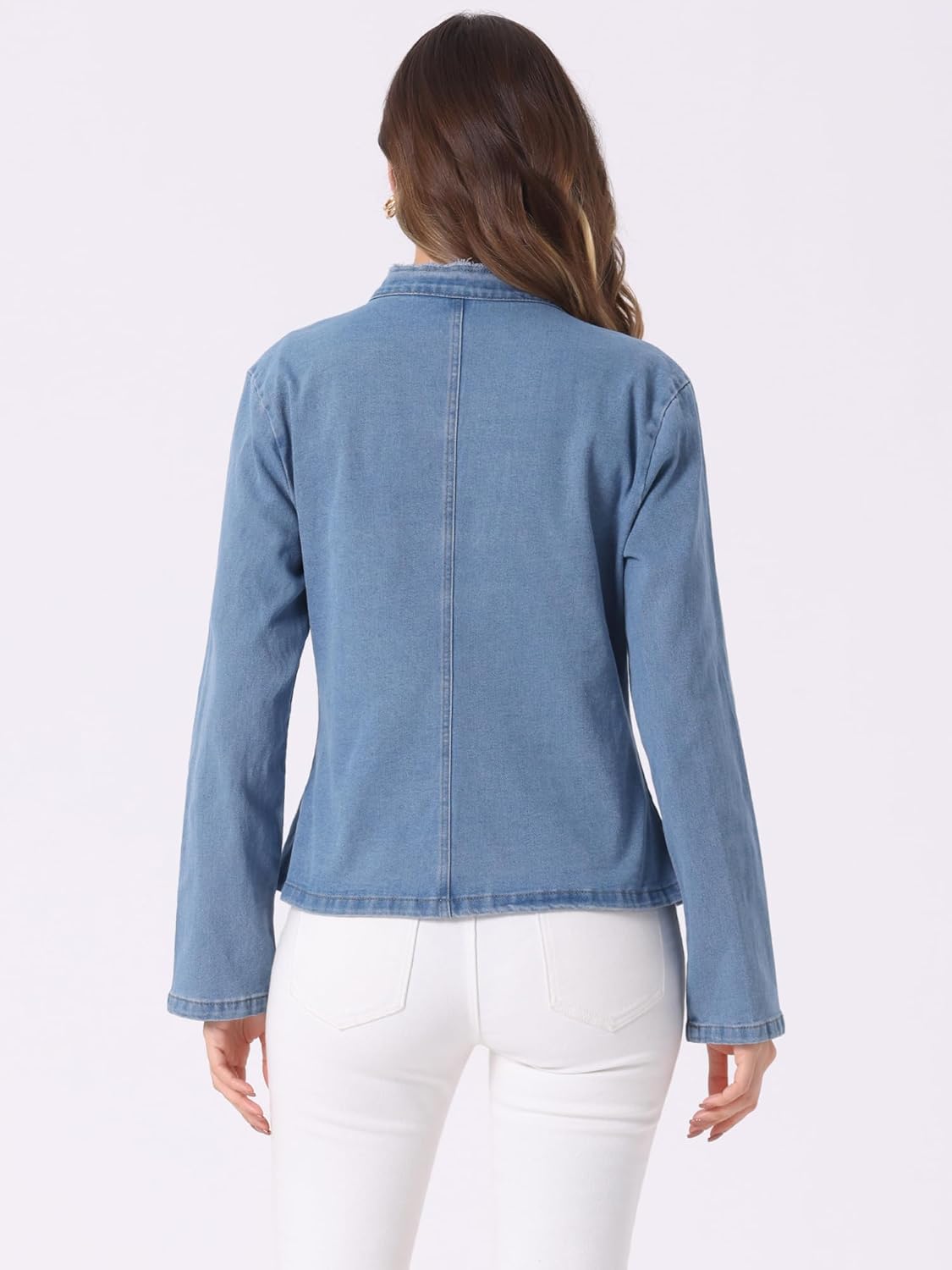 Allegra K Denim Blazer for Women's Open Front Stand Collar Jeans Jacket
