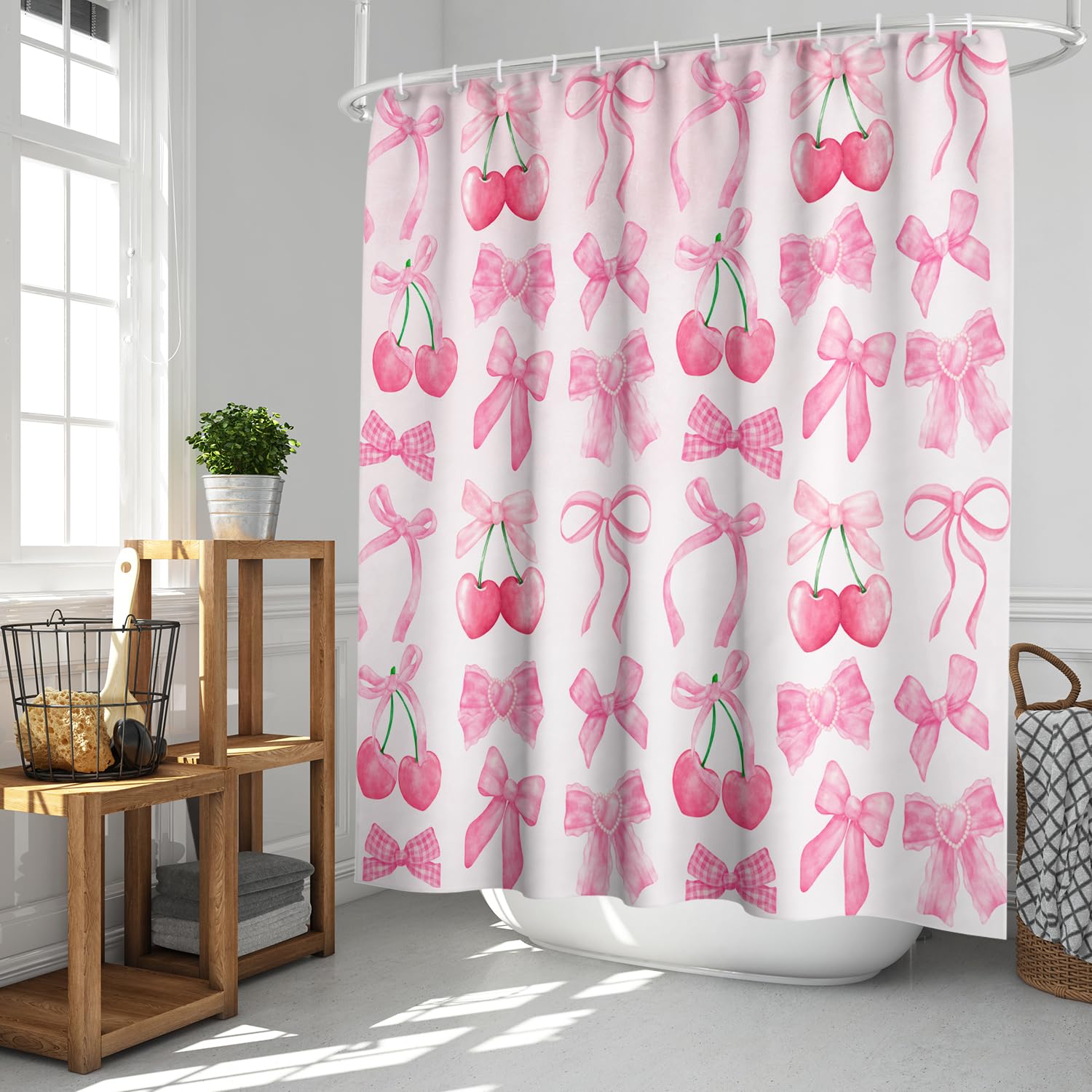 KAIRA Pink Bow Shower Curtain – Waterproof Polyester, Cute Bathroom Decor With Hooks Included - View #9
