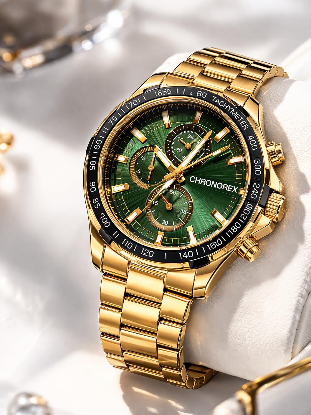 chronorex Men’s Gold Chronograph Watch with Green Dial | Stainless Steel Strap | Tachymeter Sports Watch-picture-25