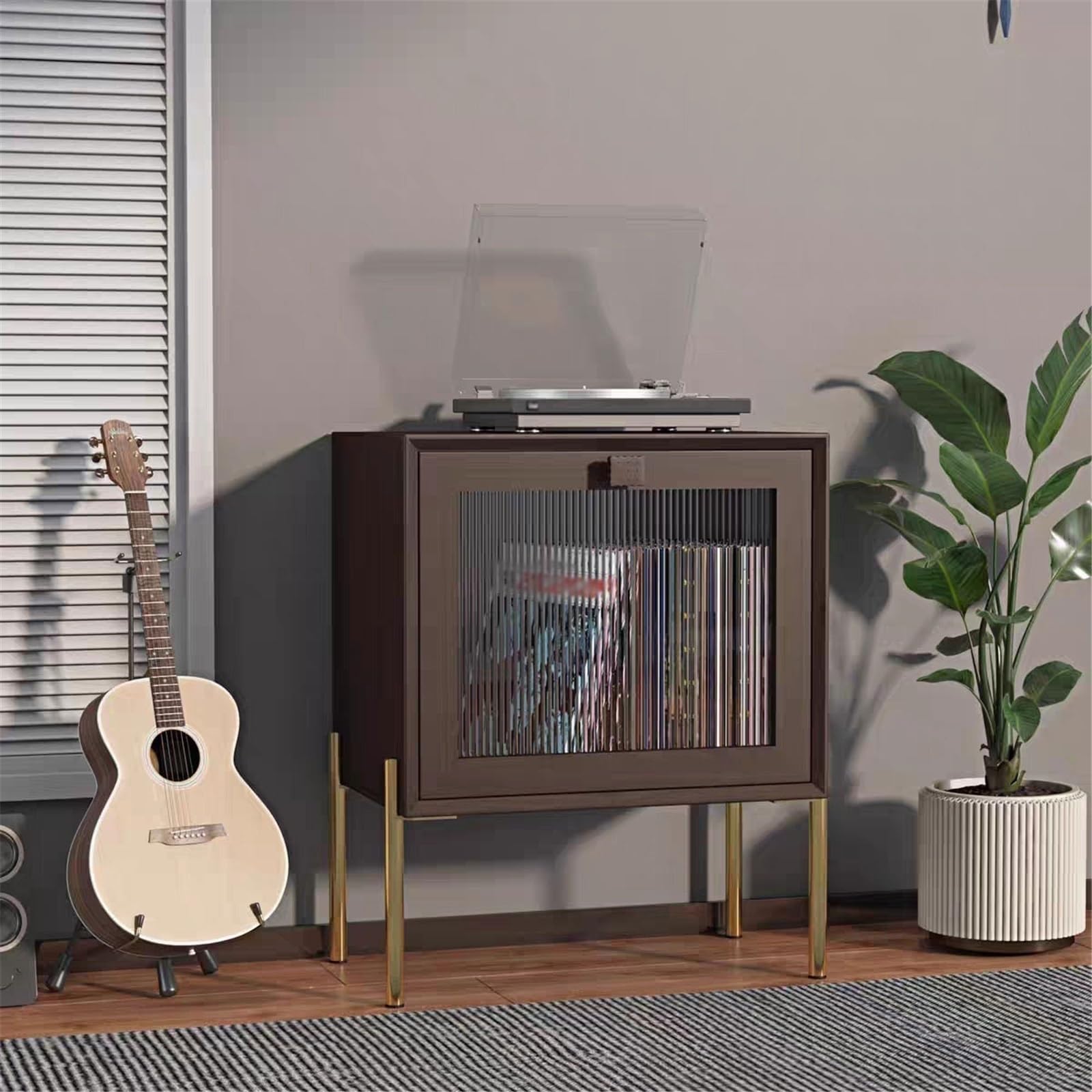 Rack per dischi Mobiletto portadischi in vinile di lusso con piedini in ferro e porta CD in legno for la casa
