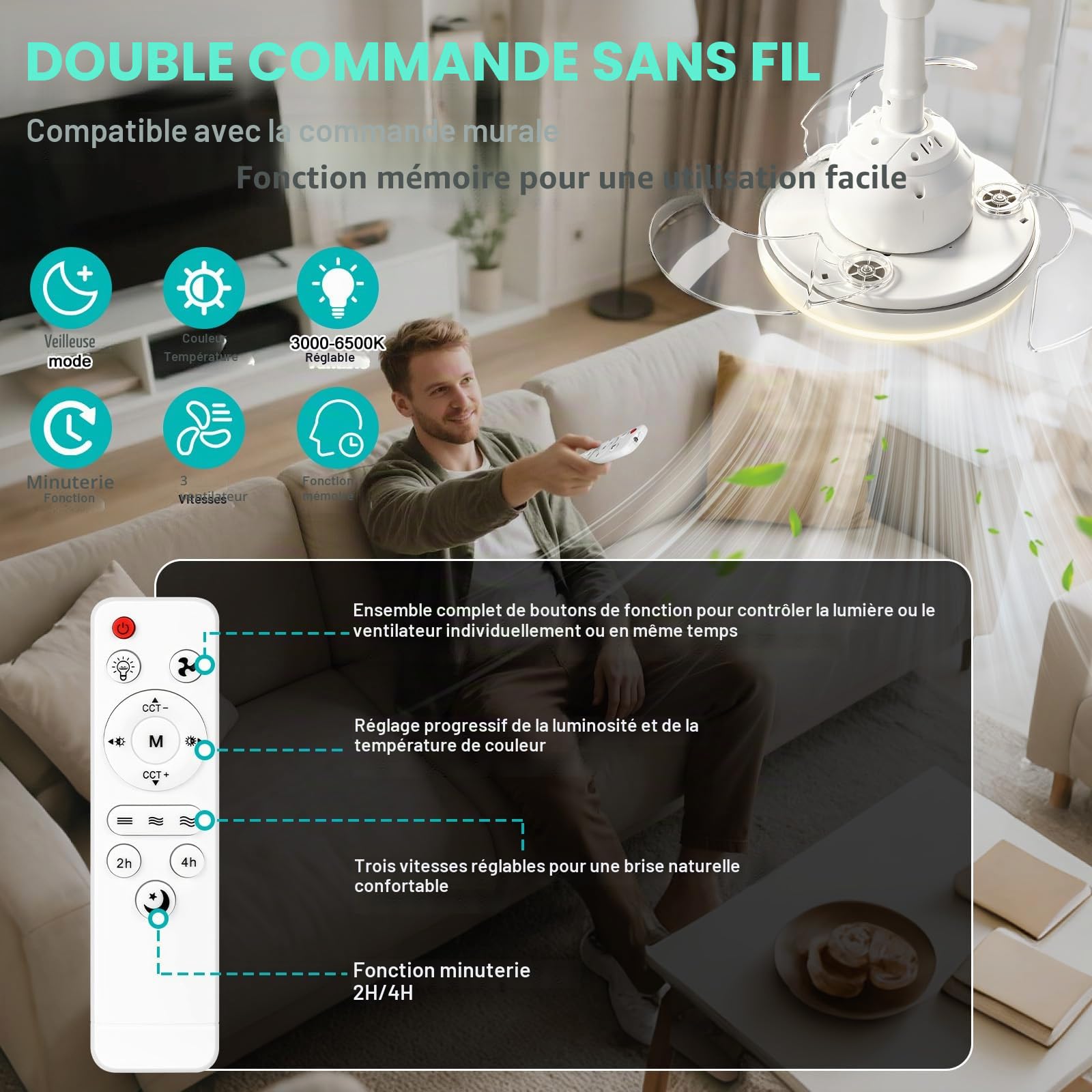Herefun Ventilateur Plafond avec Lumiere 43CM Lustre Pliable E27 Telecommande 3 Pales Cachées 3 Vitesses Timing