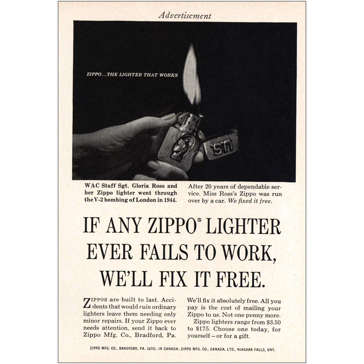 RelicPaper 1965 Zippo Lighter Fails to Work Fix It Free Zippo Print Ad