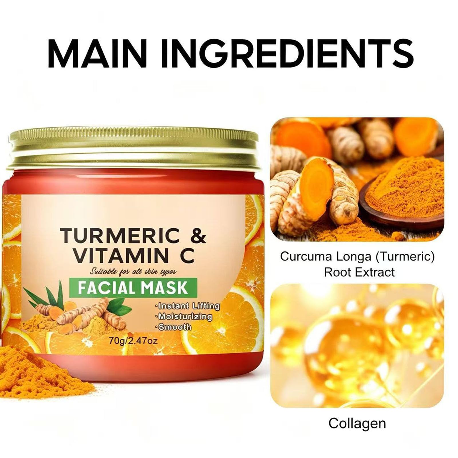 Masque visage à l'argile et au curcuma, enrichi en vitamine C et collagè (5pcs)