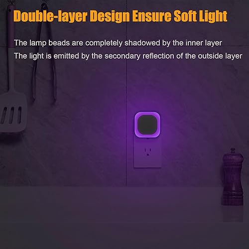 Miniatura 3 de Paquete de 2 luces nocturnas moradas, cuidado suave de los ojos con brillo suave regulable y reflejo indirecto, sensor automático del atardecer al
