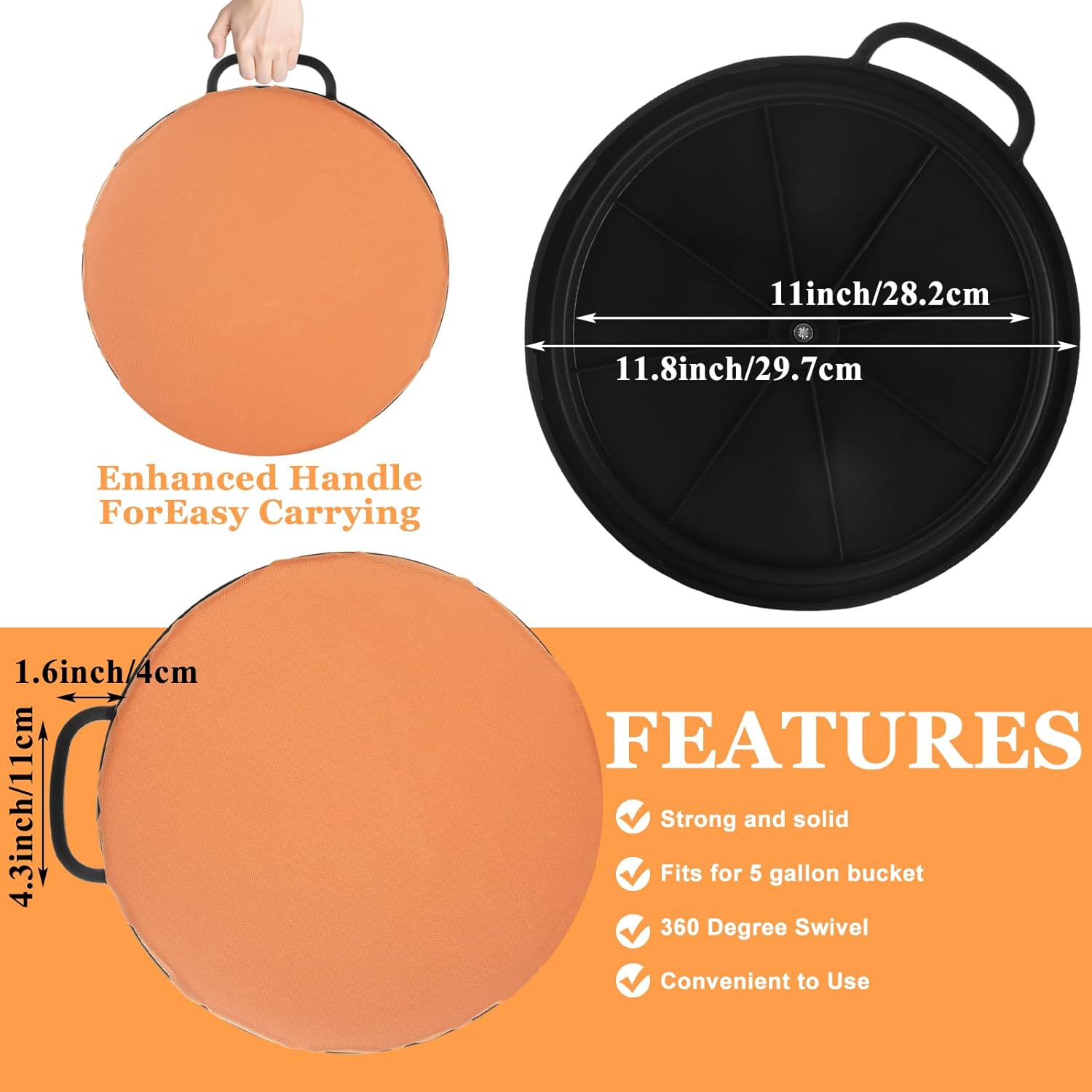 2 Pcs 5 Gallon Bucket Seats, 360 Degree Swivel 2 Inch Thick 5 Gallon Bucket Lid Cushion for Hunting Fishing Baseball Gardening and Camping（Orange + Black）