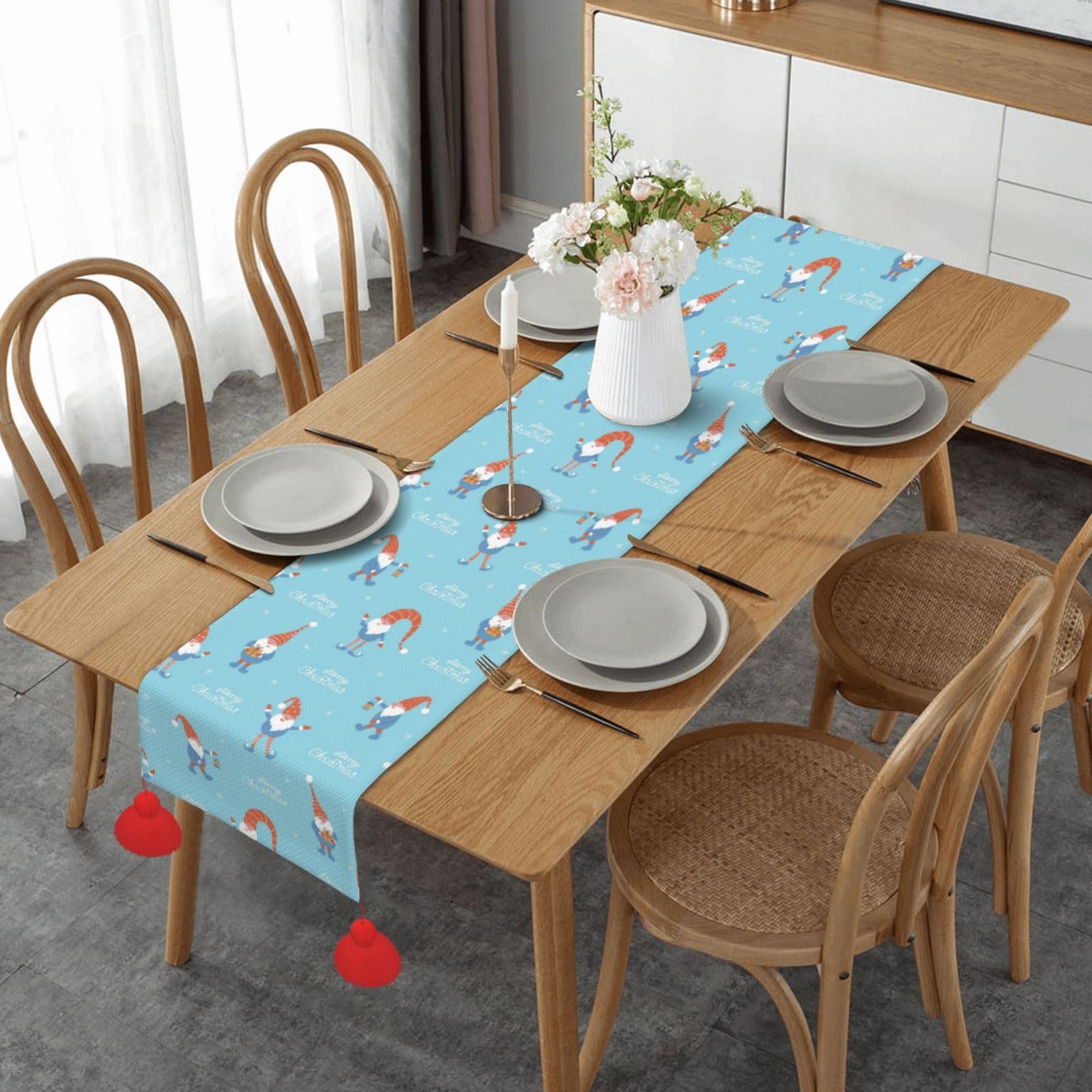 Chemin de table antidérapant lavable motif nain de Noël avec pompons pour cuisine
