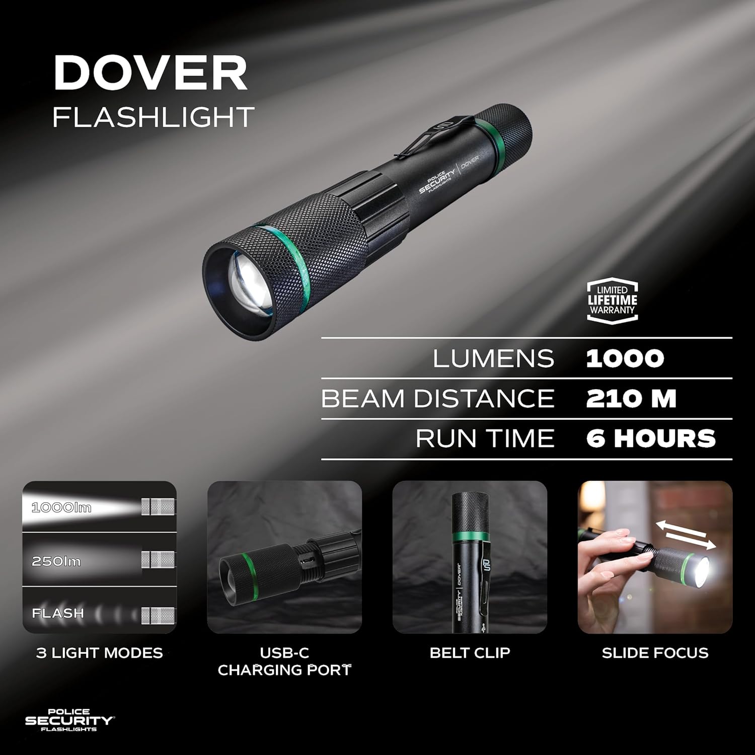 Police Security Dover 1000 Lumen Rechargeable Flashlight – USB-C Charging Cable Included, Slide Focus, 6-Hour Runtime, Impact Resistant – w/Belt Clip.