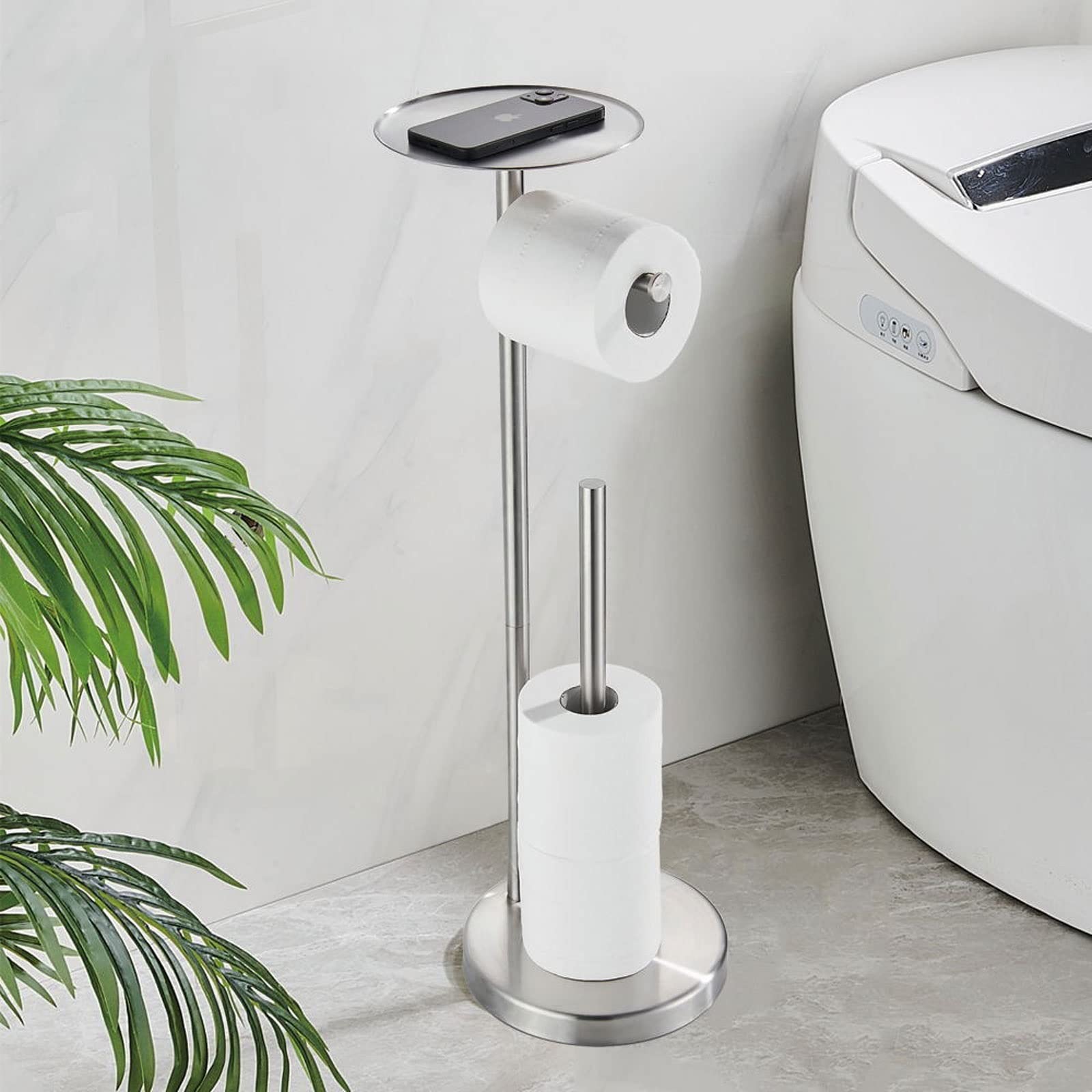 Porta carta igienica autoportante con dispenser di carta igienica in acciaio inox nero e ripiano portaoggetti per l'organizzazione del bagno (nero)