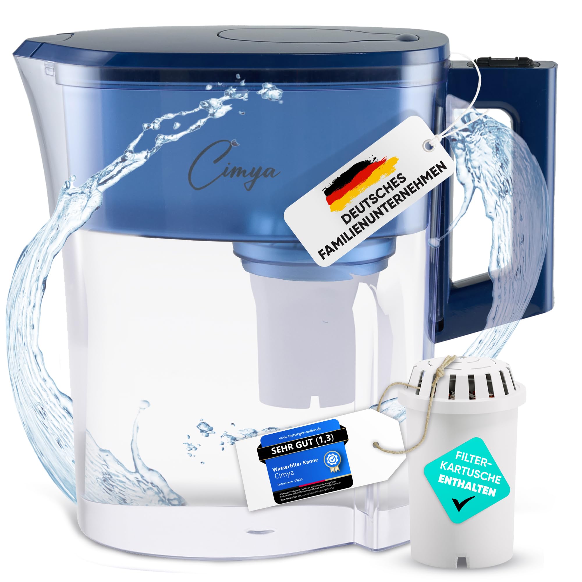 Wasserfilterkann 2,4L mit 8-fach Filtersystem - pH-otimiertes Trinkwasser - reduziert Kalk, Chlor und vieles mehr - inkl. 60-Tage Filterkartusche (Blau)