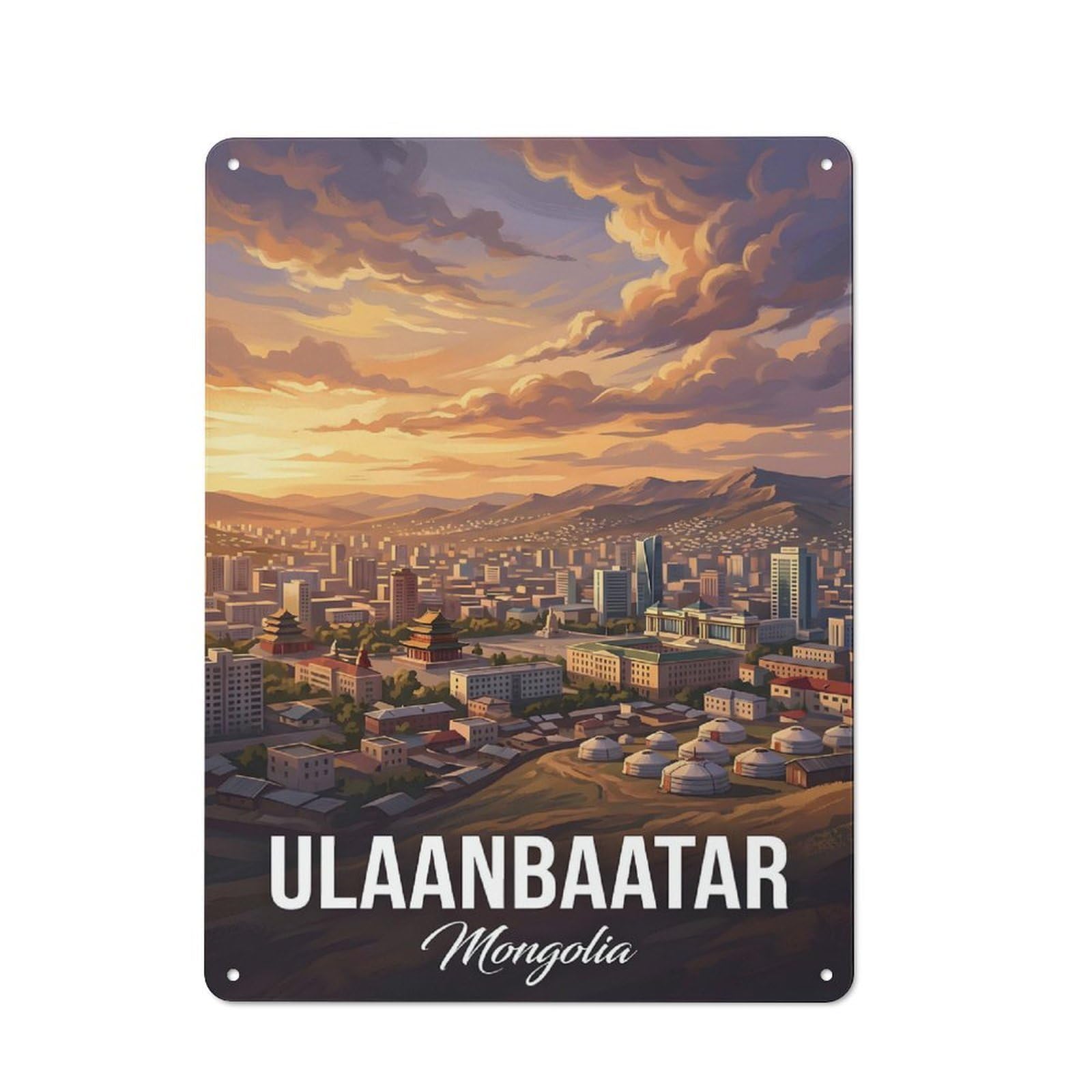 Junmoney Style-3 Ulaanbaatar Mongolia Cityscape Rustic Tin Sign 40X30cm For Living Room Wall, Suited To Home Wall Decor Collectors