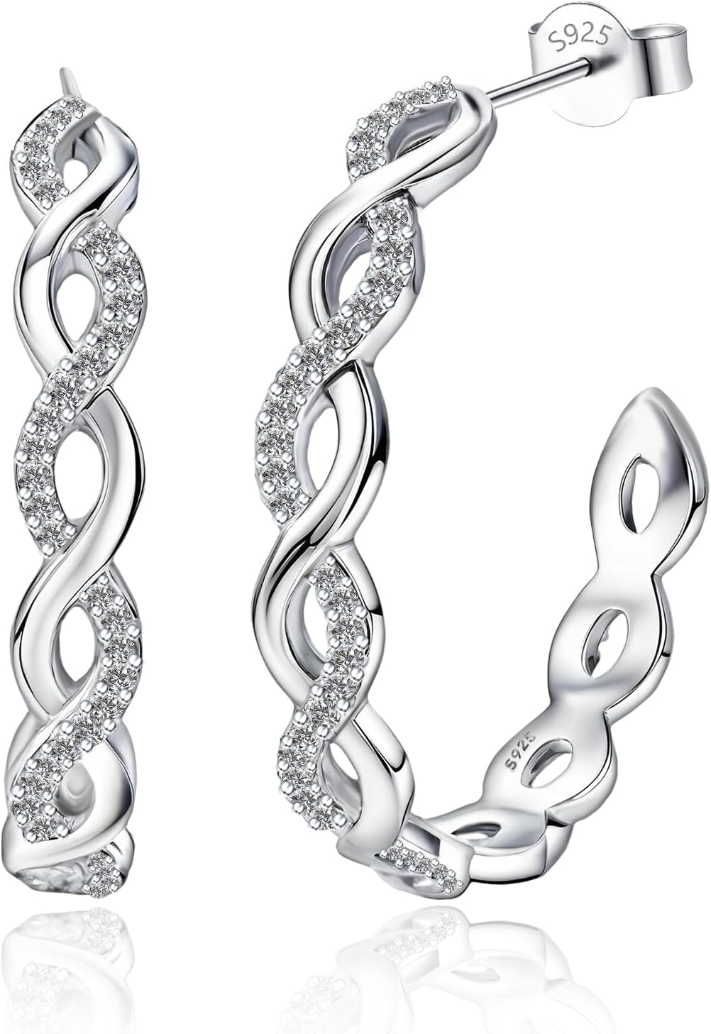 Sterling Silver Twisted Open Hoop Earrings for Women Trendy Hypoallergenic Lightweight Cubic Zirconia Twist Half Hoop Earrings