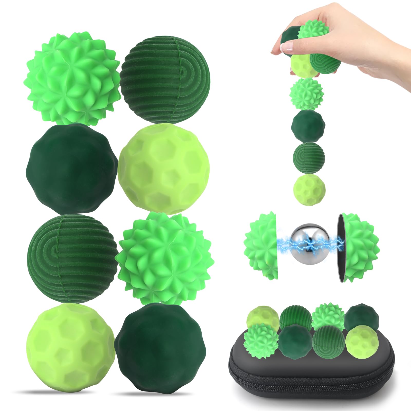 Balles Anti-stress Magnétiques Silicone - Lot De 8 Textures, Silencieuses, étui Inclus - Adulte, Ado, TDAH