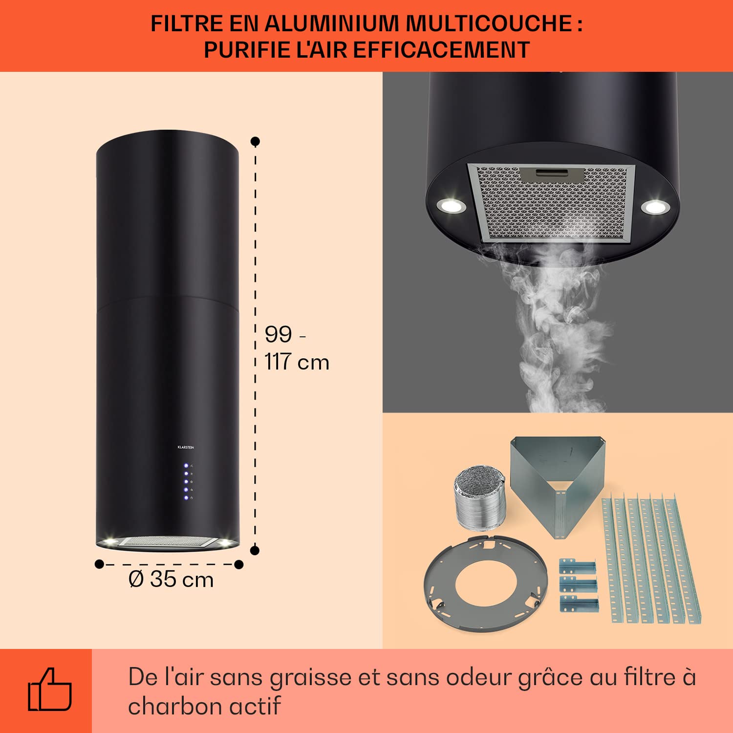 Klarstein Hotte Aspirante Ilot Central de Cuisine Silencieuse et Design, Débit d'air 519m³/h, Minuteur, 3 Modes, Hotte Aspirante avec Conduit d'Evacuation, Filtres à Charbon Actif, Ilot Central