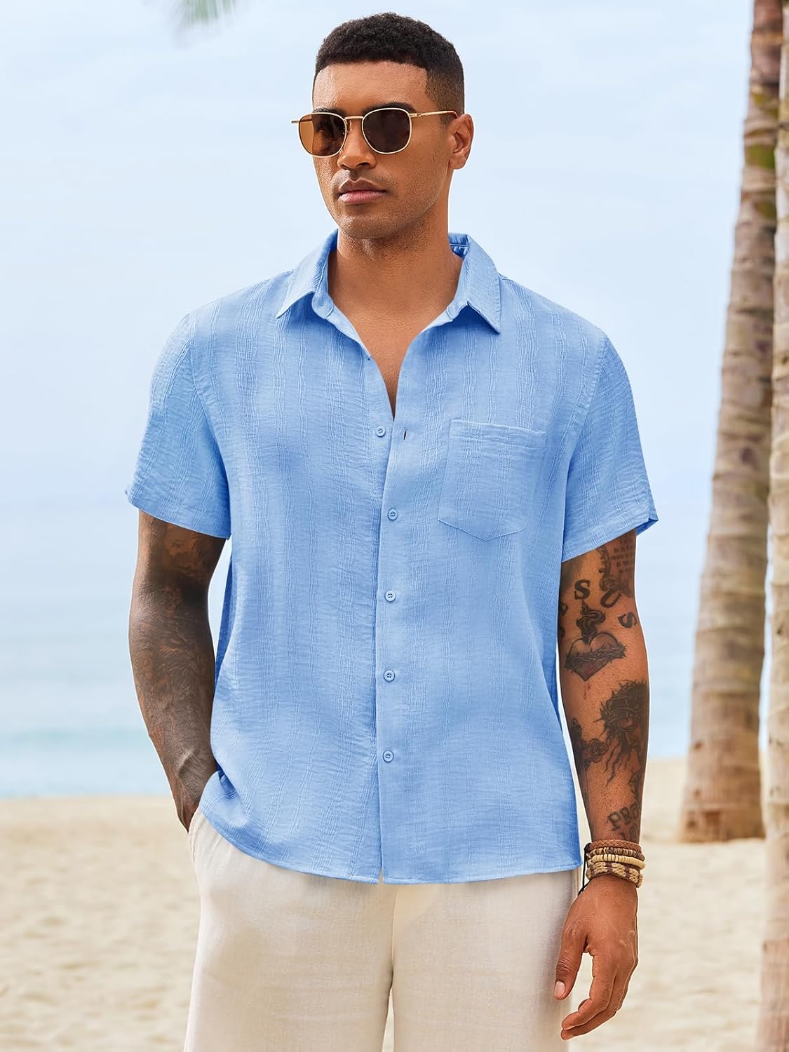 Runcati Mens Button Down Shirts Casual Short Sleeve Shirt Textured Linen Summer Beach Tops with Pocket - Image 4