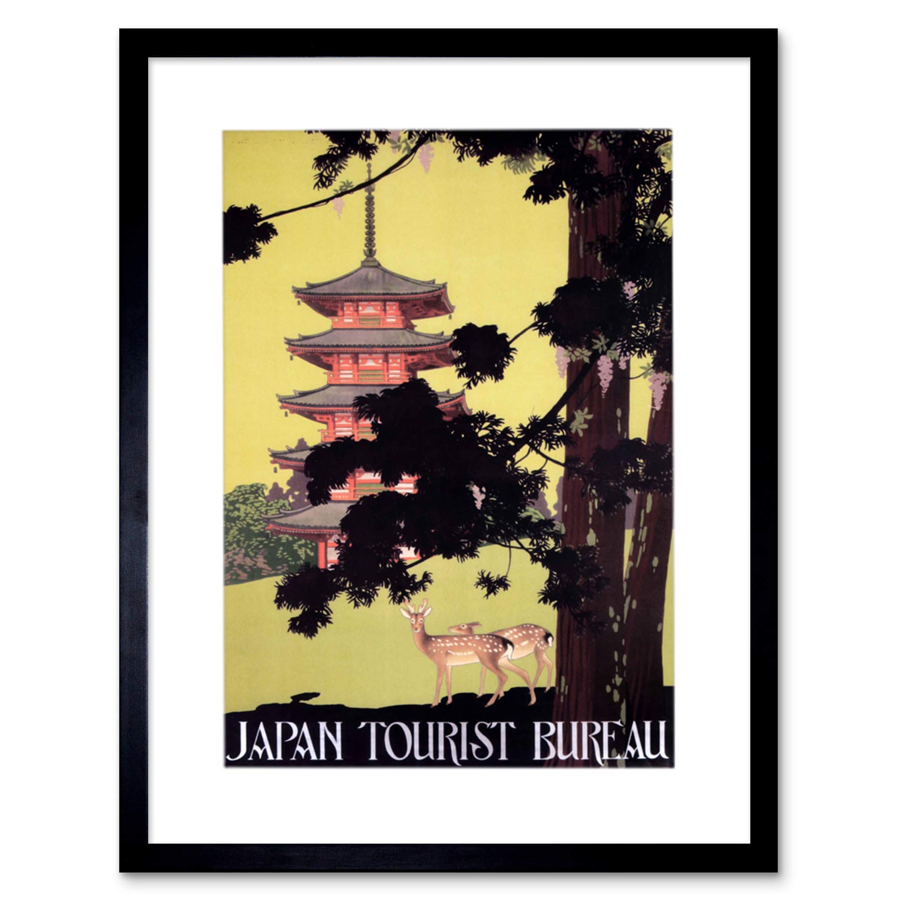 Wee Blue Coo Travel Japan Pagoda Deer Ad Retro Picture Framed Wall Art Print