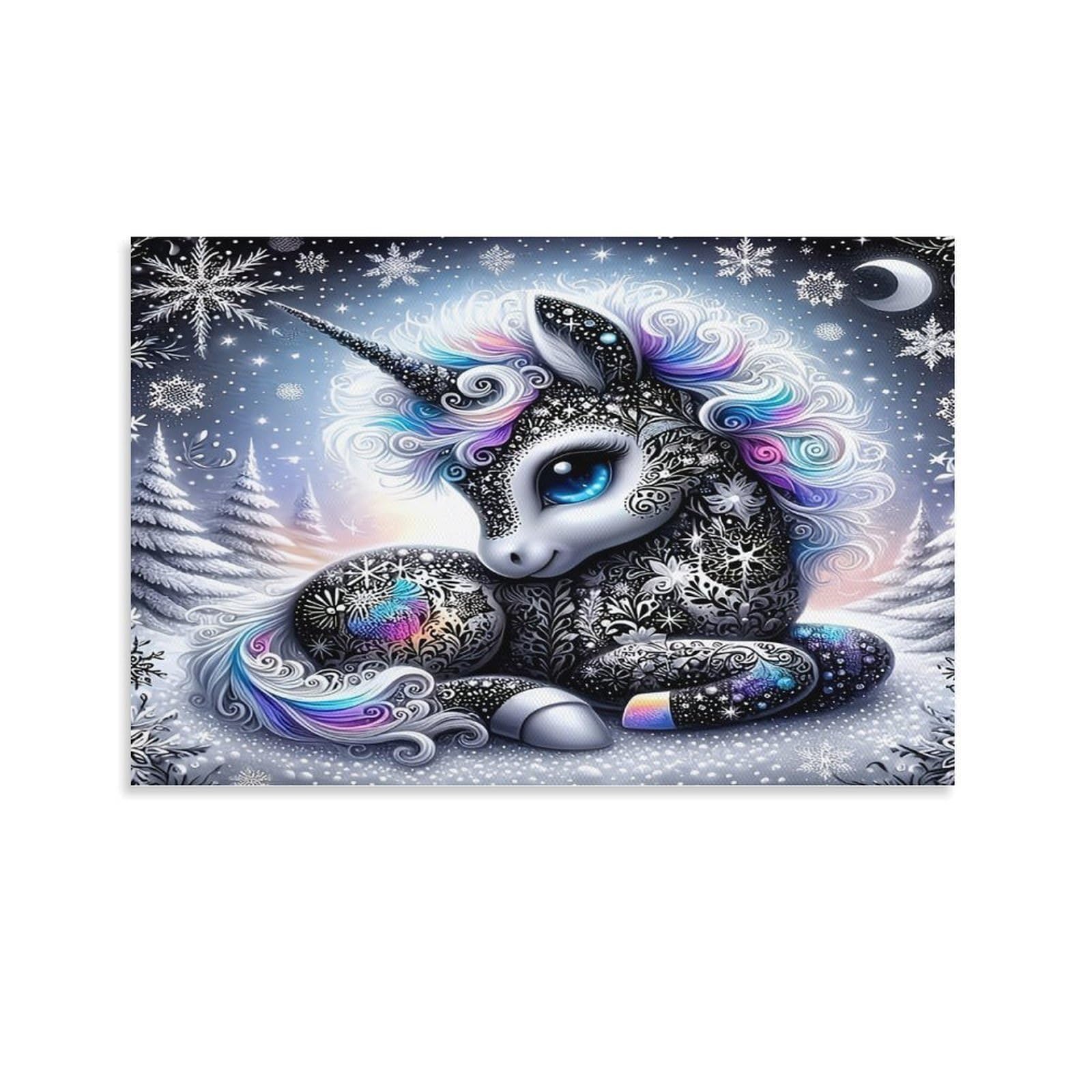 CPLVKWRQJ Snowy Unicorn Art Individual Ornate Dark Unicorn Snowy Moon Star Night Wall Art Pieces - Office Canvas Print Fade Resistant Wall Focal Art Ready to Hang 20x30inch(50x75cm)