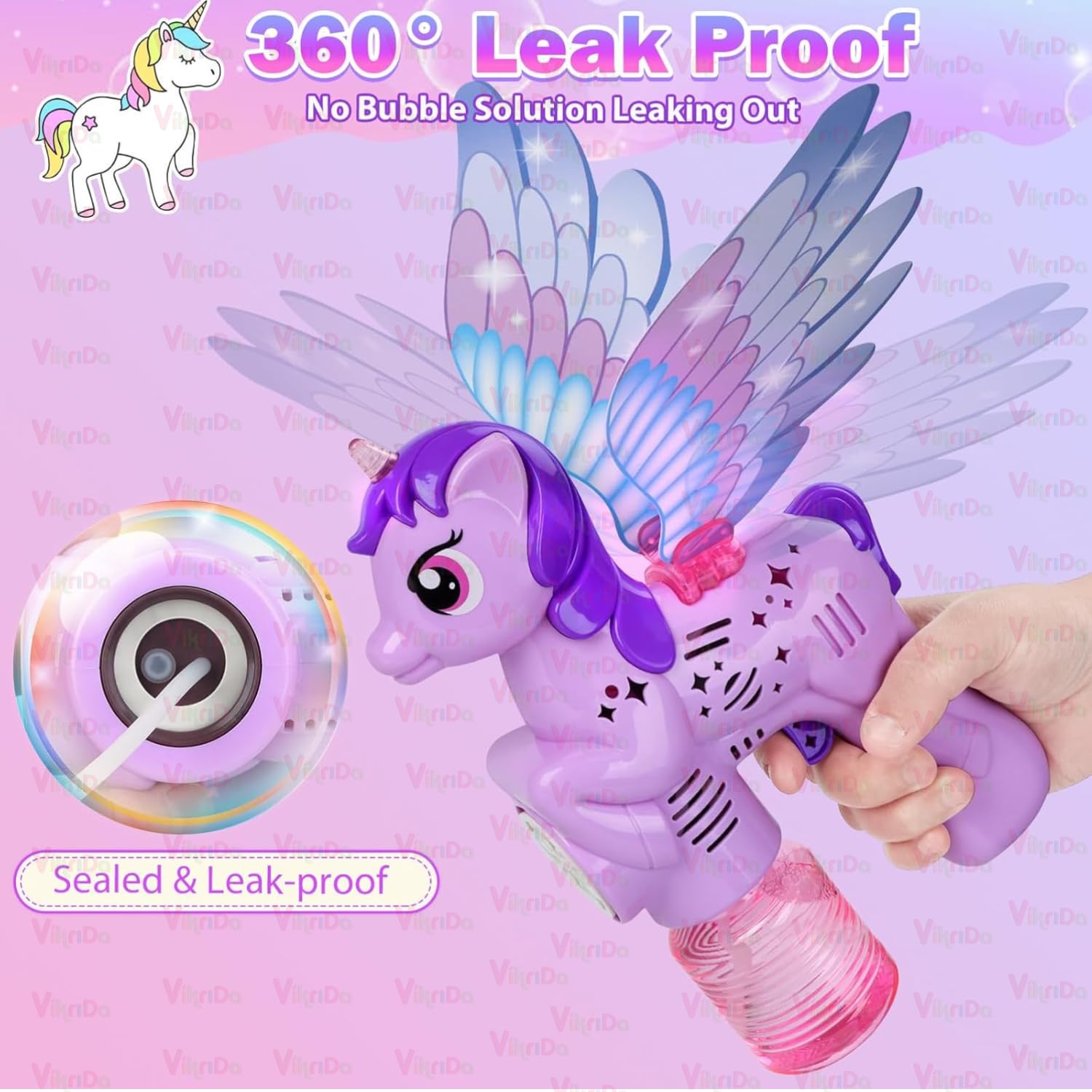 VikriDA Automatic Unicorn Shepe with Wing Bubble Gun Machine for Kids – 5000+ Bubbles/Min – Leak-Proof Space Blower with LED Light 1