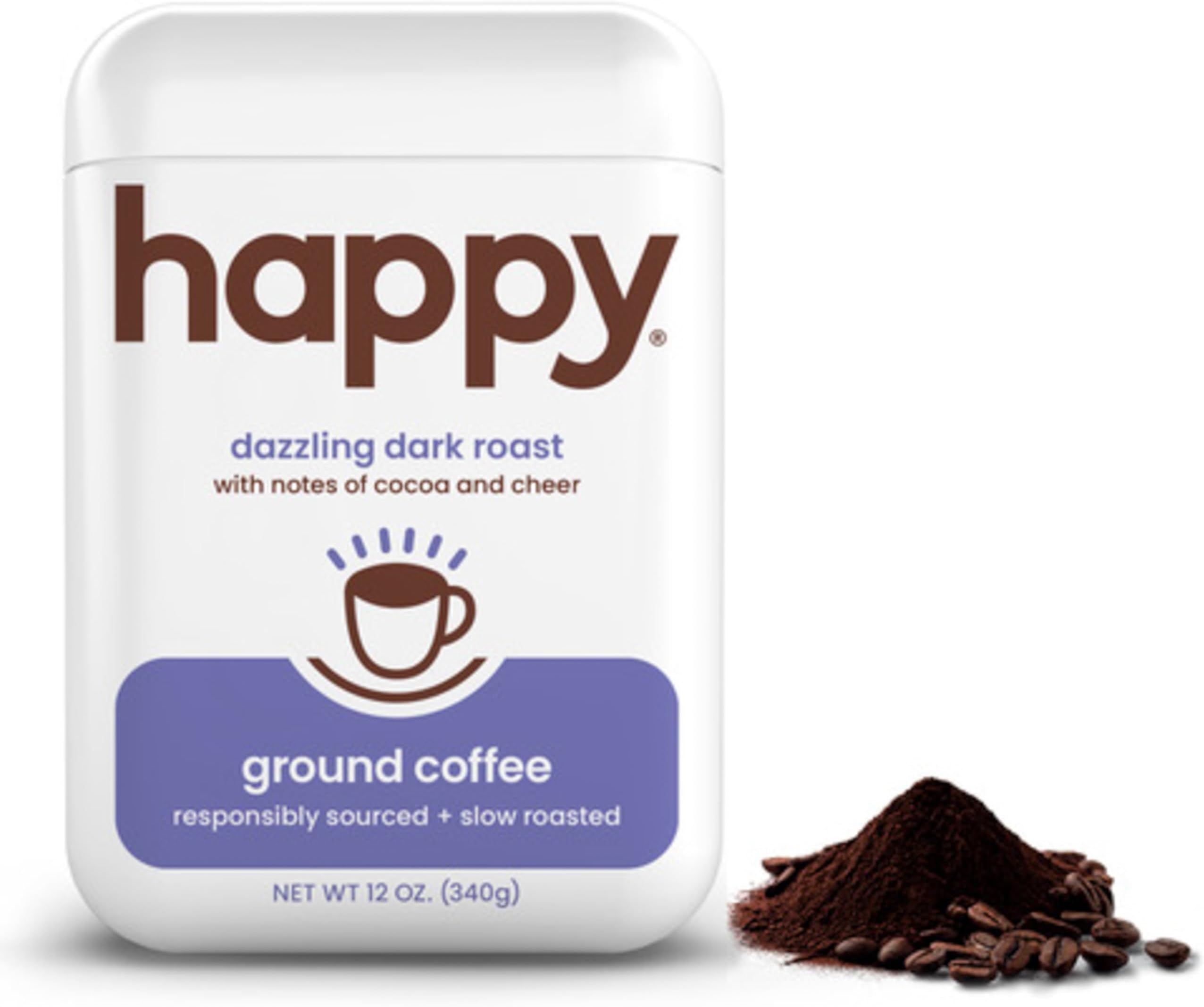 happy coffee dark roast ground coffee, 12 oz., notes of cocoa & cheer, recyclable container, grown & harvested in Brazil, Rwanda & Colombia