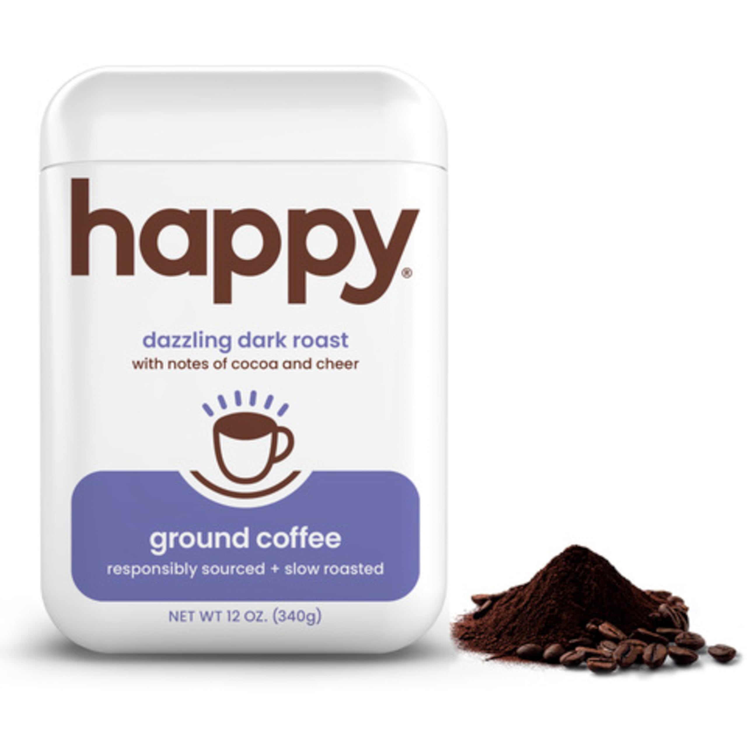 happy coffee dark roast ground coffee, 12 oz., notes of cocoa & cheer, recyclable container, grown & harvested in Brazil, Rwanda & Colombia