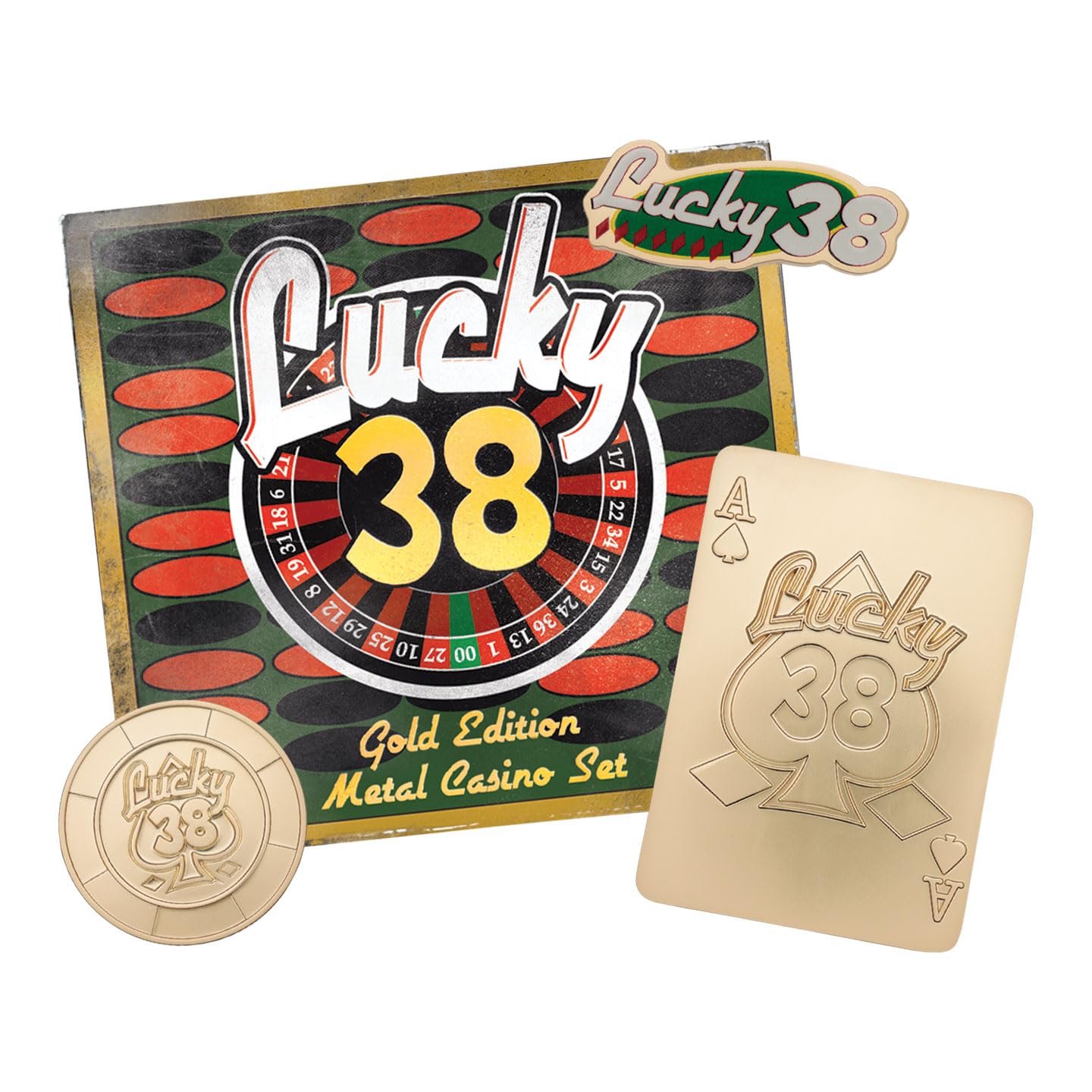 FaNaTtik Fallout: New Vegas Lucky 38 Gold Coloured Casino Set β Limited Edition Collectible (Pin Badge, Poker Chip & Metal Playing Card), Officially Licensed, Numbered Display Box