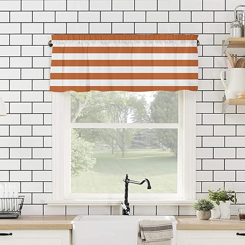 Miniatura 4 de Artwork Store Curtain Valance for Window Kitchen Decor, White Orange Stripes 54" x 18" Window Treatment Curtains Topper Rod Pocket Valances for