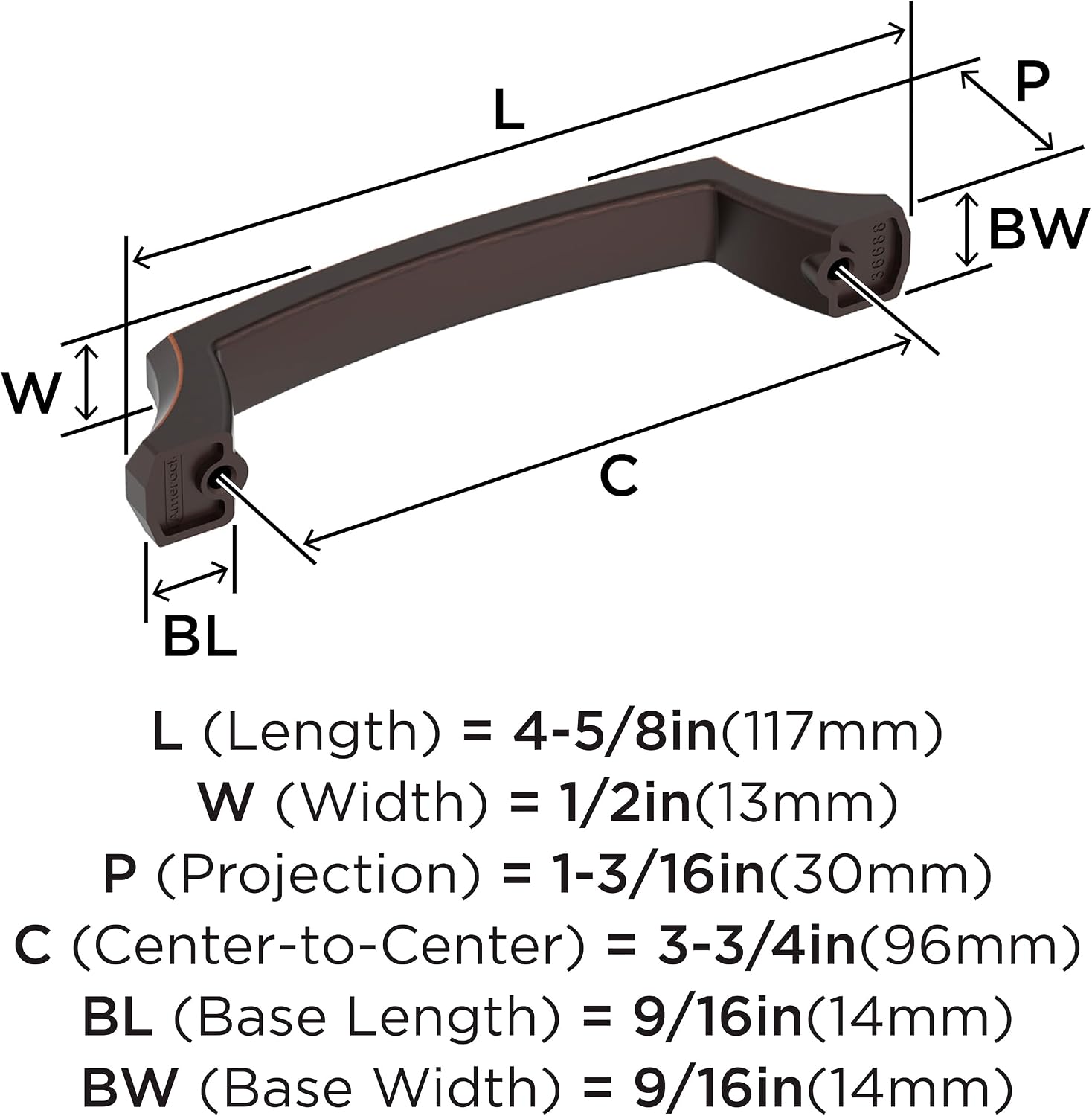 Amerock Bellamy 3-3/4 inch (96mm) Center-to-Center Oil-Rubbed Bronze Cabinet Pull, BP36688ORB
