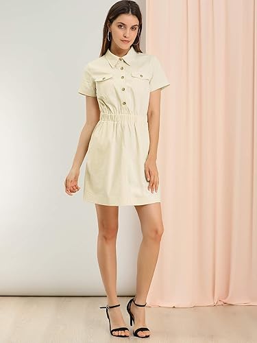 Miniatura 3 de Allegra K Vestido camisero de manga corta con botones y cuello de algodón para mujer