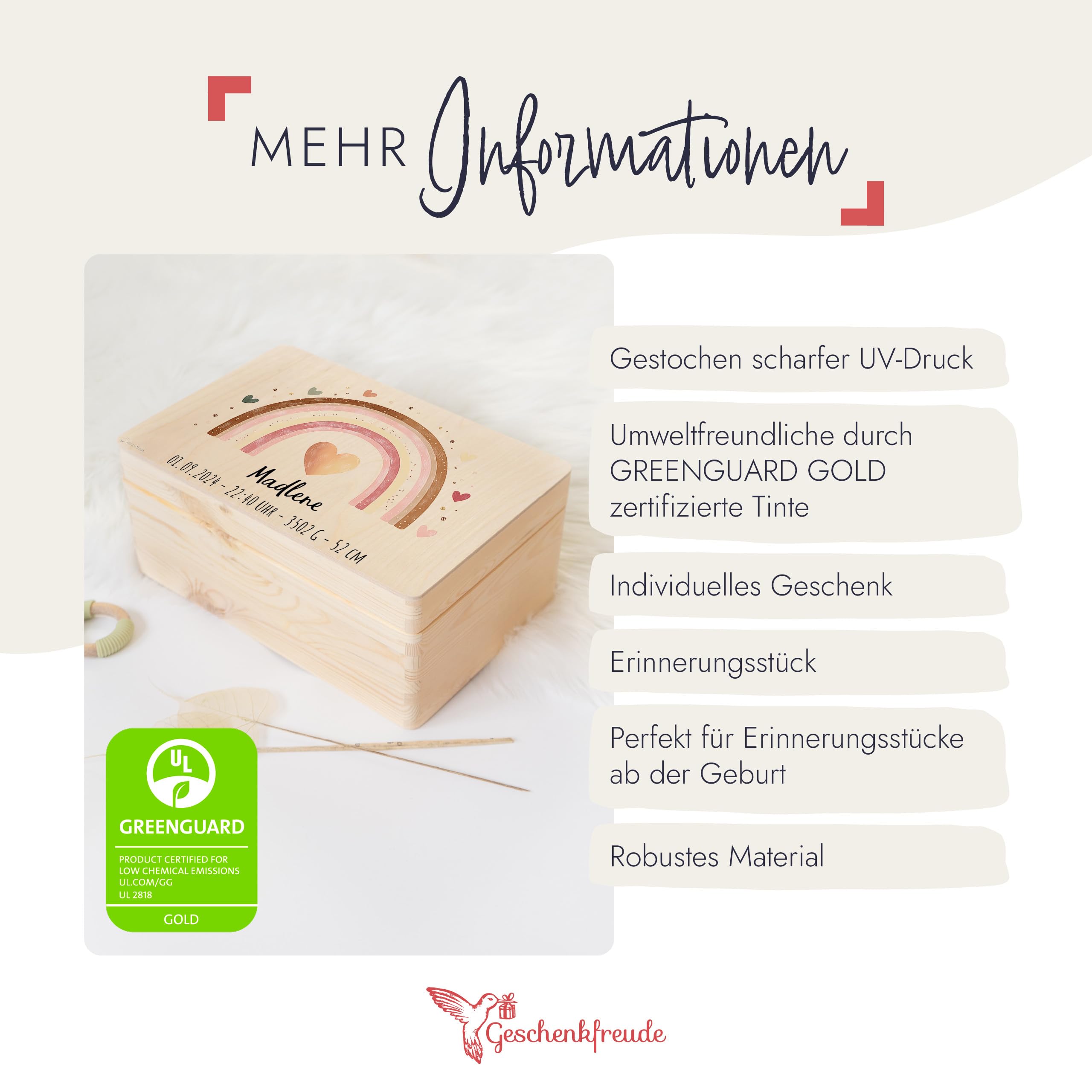 Baby Erinnerungsbox - tolle Holzkiste personalisiert Baby - 30 x 20 x 14 Holz - personalisierte Erinnerungskiste - Babybox Erinnerung - Taufgeschenk Mädchen - Boho Regenbogen