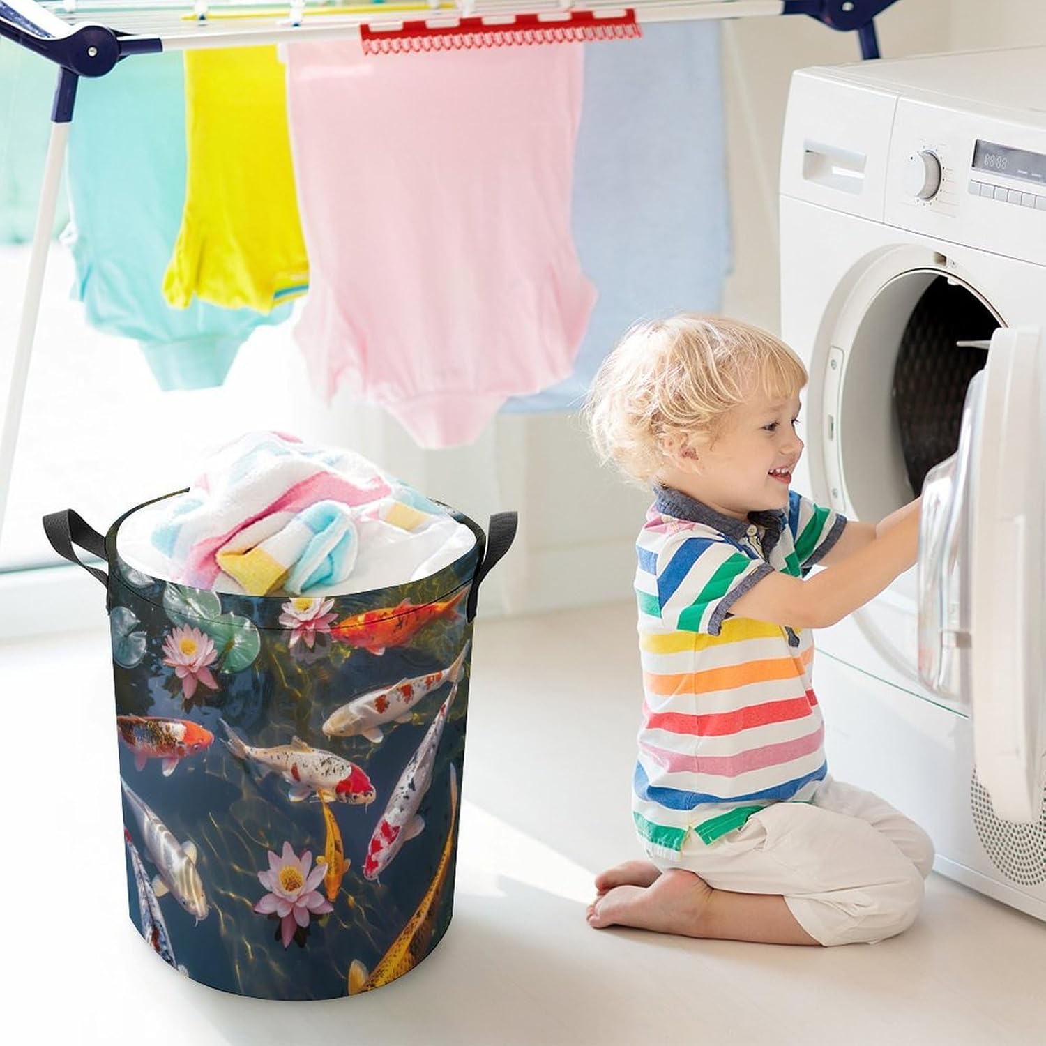 Feng Shui Nine Fish Laundry Basket Dirty Clothes Hamper Storage Laundry Bag with Handles for Dorm Room 44x44cm