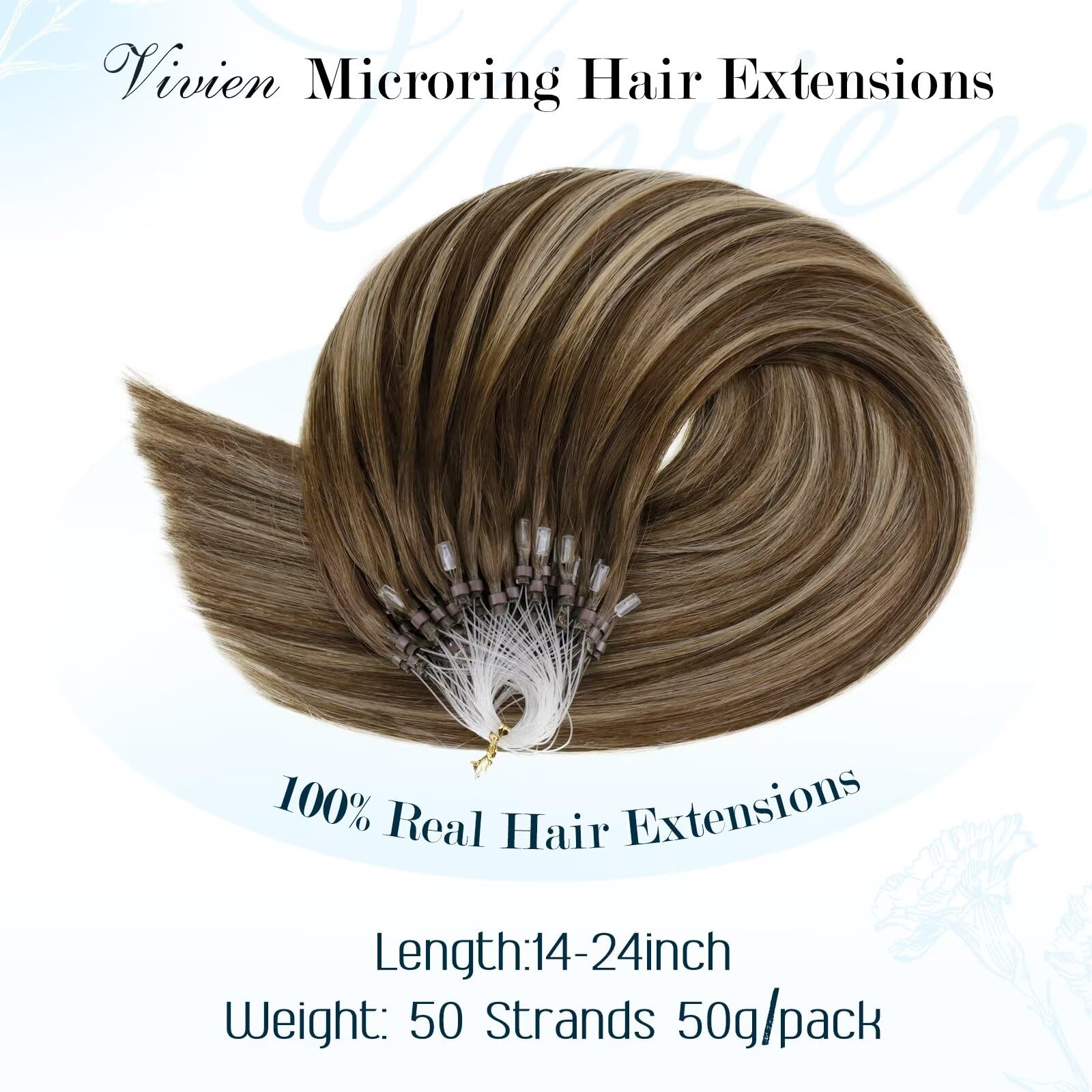 Vivien Brown Micro Beads Hair Extensions Human Hair Balayage Medium Brown to Dark Blonde Micro Ring Hair Extensions Human Hair Pre Bonded Micro Link Human Hair Extensions #4/27/4 50g/50s 22Inch - Image 2