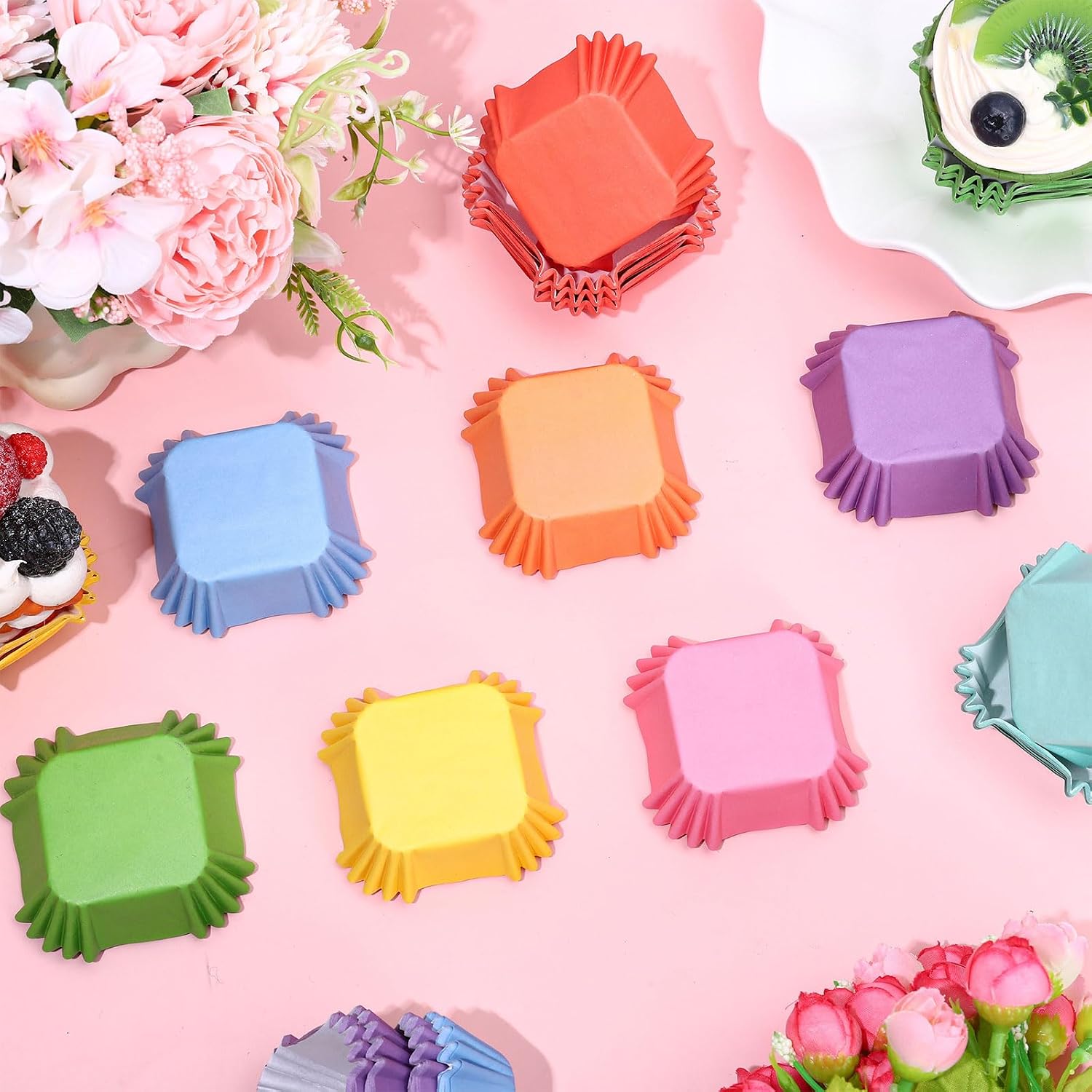 FYSUIMU 400Pcs Colorful Square Cupcake Liners Rainbow Color Baking Cups Square Muffin Cupcake Wrappers for Spring Summer Easter Birthday Wedding Bride Baby Shower Party Supplies