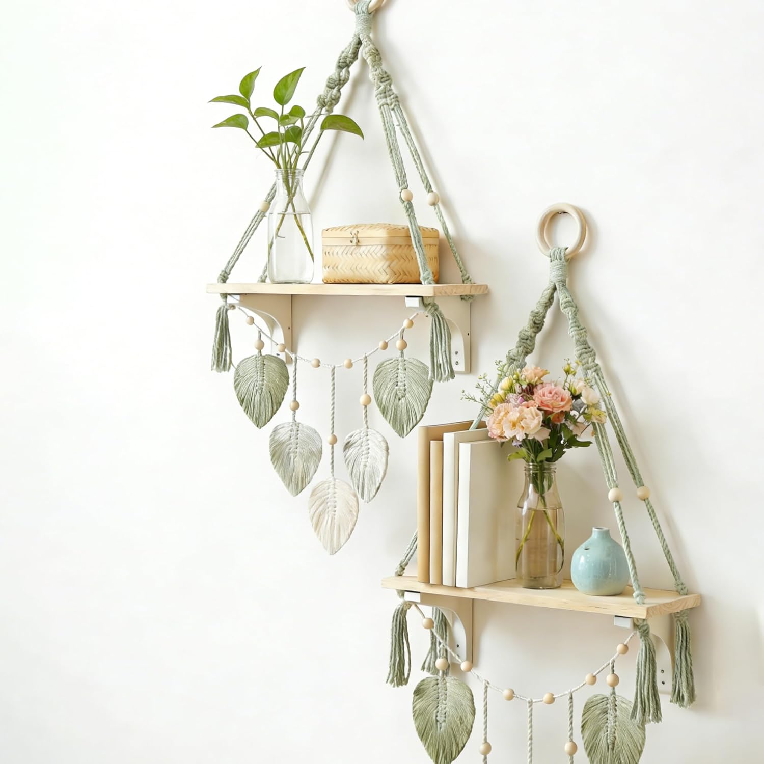 Wooden Floating Shelves for Room Wall, Hanging Storage Organizer, Boho Wall Decor, Plant Shelf for Bathroom, Bedroom, Office, Kitchen, Living Room, Dorm (Green, 2 PCS)