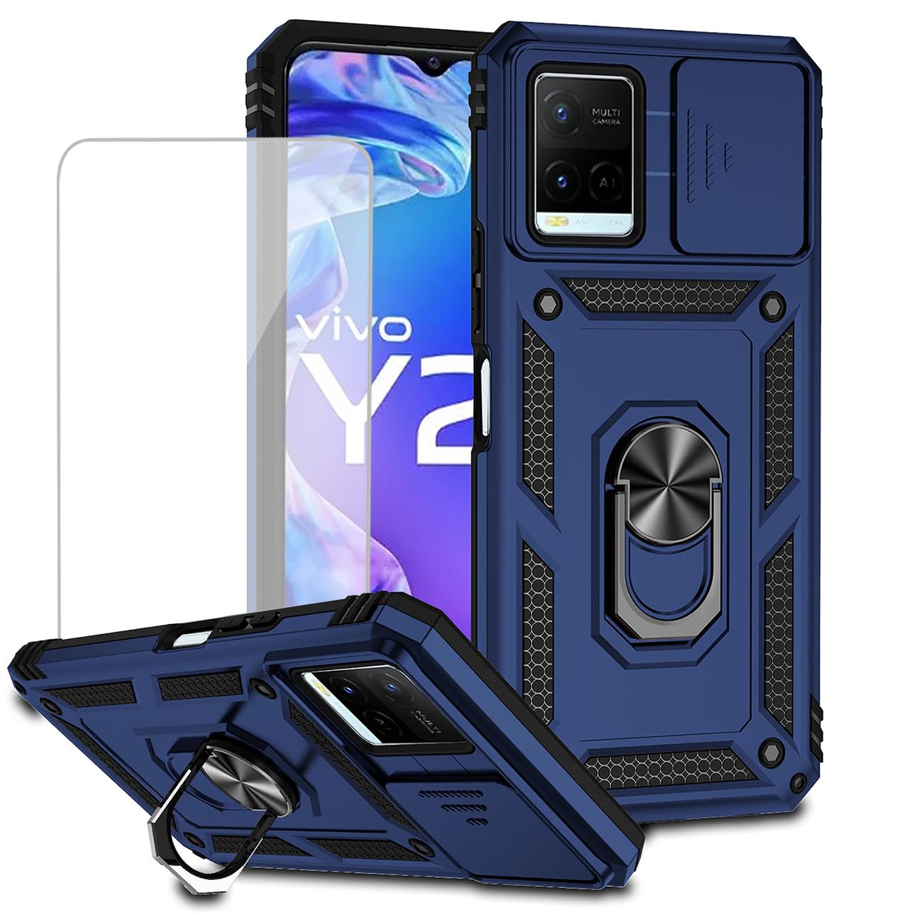 Yodueiv for Vivo Y21 Case, Vivo Y33S (4G) V2111 V2109 Case with Tempered Glass Screen Protector and Slide Camera Cover, Magnetic Ring Car Mount Holder