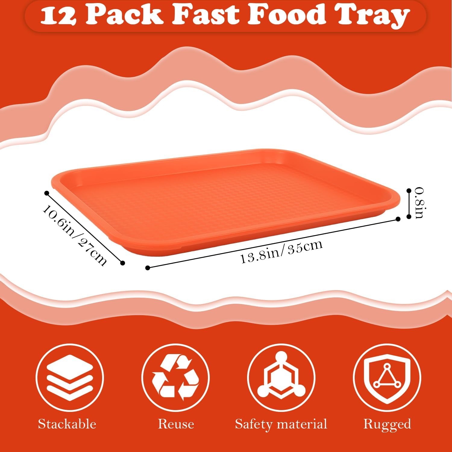 Fast Food Tray,12 Pack Plastic Serving Tray, Restaurant & Cafeteria Tray for Kitchen, Coffee Table, Party, Durable Non-Slip Black Food Trays, Reusable & Stackable,13.8x10.5 Inch (Orange)