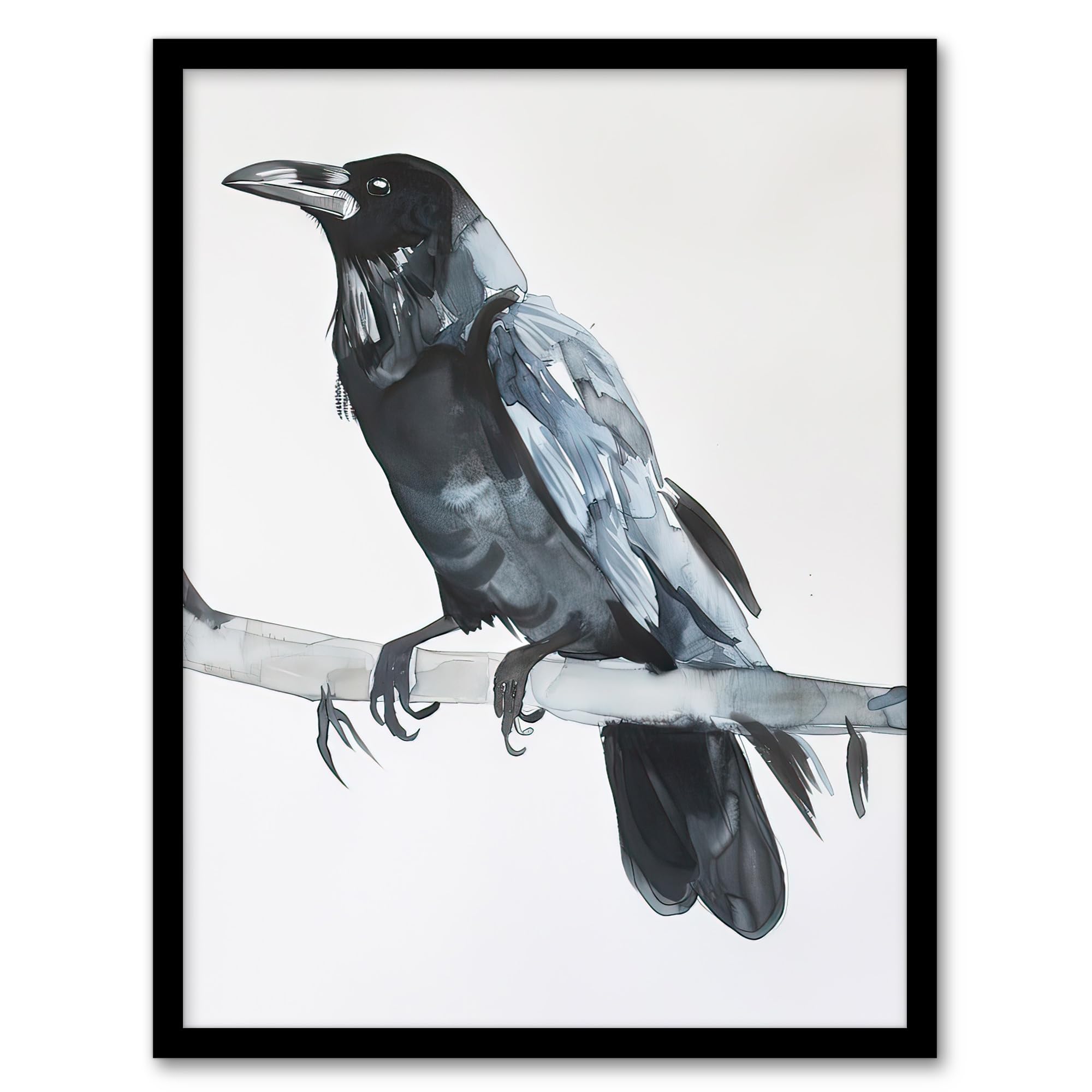 Artery8 Raven Bird on Tree Branch Bright Watercolour Living Room Artwork Framed Wall Art Print A4