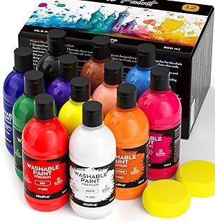 Nicpro 12 Colors Large Washable Paint Set for Kid (16.9oz,500 ml), Acrylic Bulk Paint Supplies Non Toxic Children Tempera Paint for Art, Craft DIY, Poster & Finger Paint, School, Home,Classroom, Party