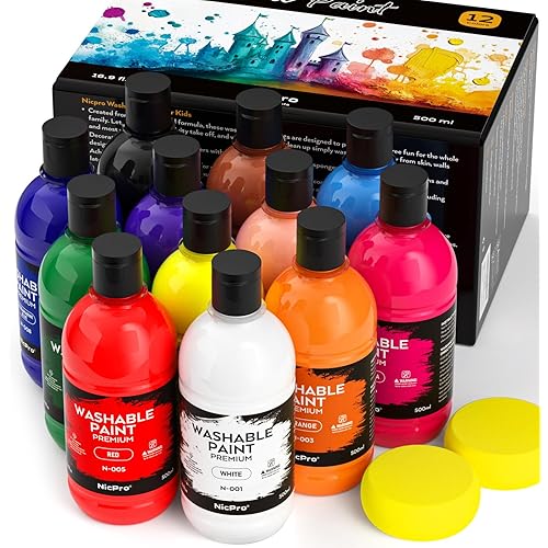 Nicpro 12 Colors Large Washable Paint Set for Kid (16.9oz,500 ml), Acrylic Bulk Paint Supplies Non Toxic Children Tempera Paint for Art, Craft DIY, Poster & Finger Paint, School, Home,Classroom, Party