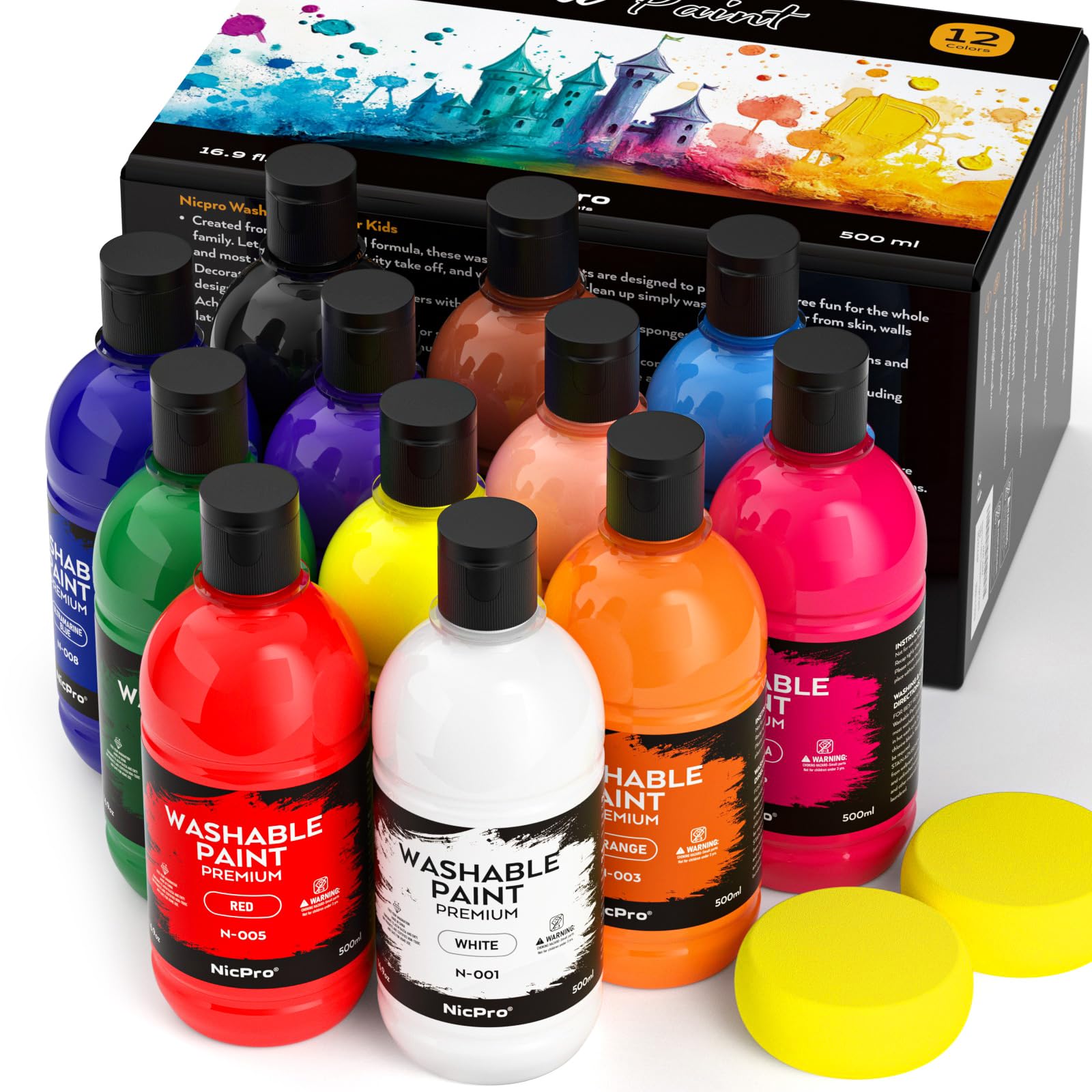 Nicpro 12 Colors Large Washable Paint Set for Kid (16.9oz), Acrylic Bulk Paint Supplies Non Toxic Tempera Paint for Art, Craft DIY, Poster & Finger