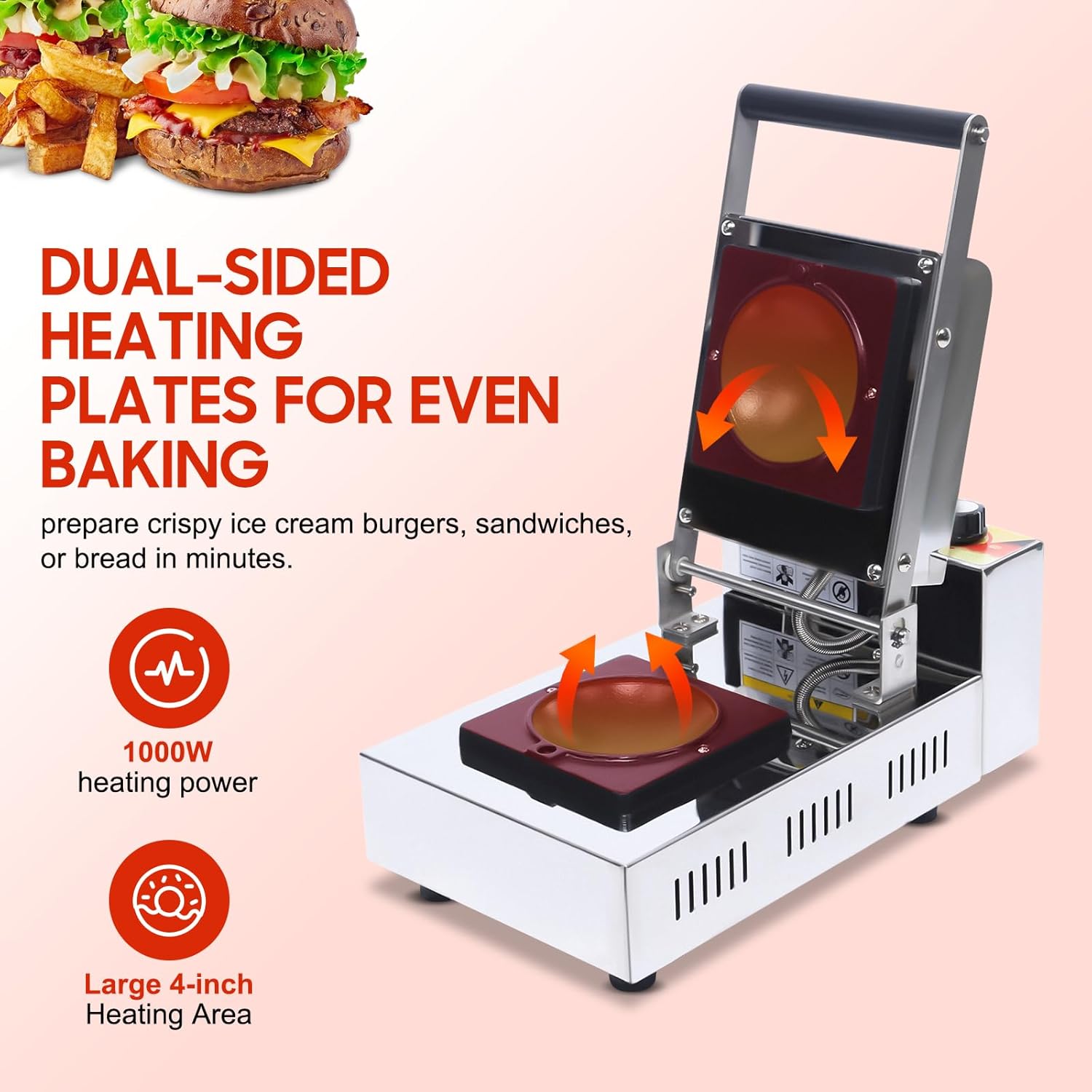 1000W Ice Cream Burger Maker, Countertop Ice Cream Panini Machine, Non Stick Coating Hamburger Sandwich Press Filling Waffle Maker, Household Commercial, Bakeries, Restaurants, Snack Bars