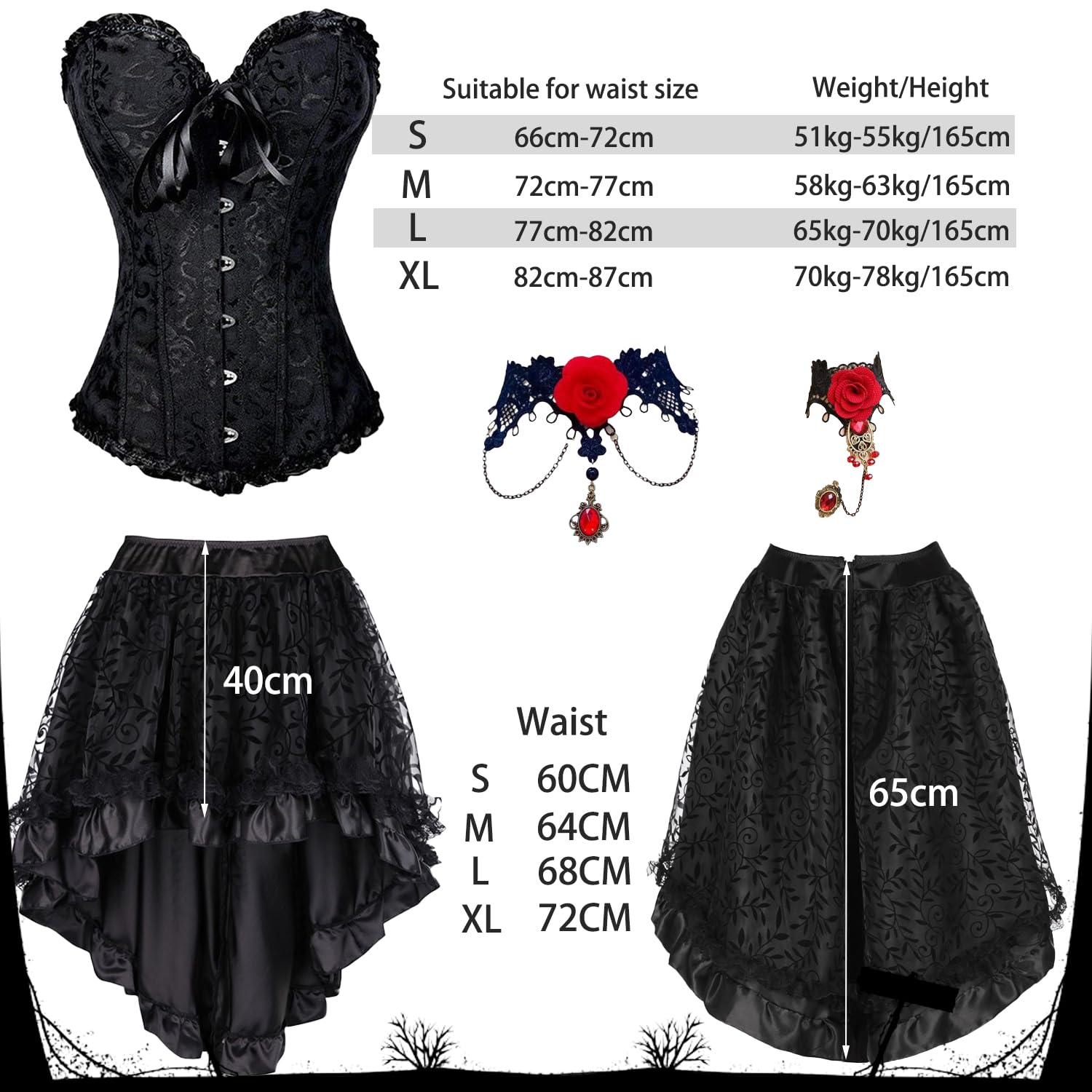 Corpetto Top Donna,Gonna Steampunk da Donna Asimmetrica in Chiffon,Collana in Pizzo retrò con Bracciale,Gotico Nero Bustini e Corsetti,Adatto per Feste,Cosplay,Halloween,Carnevale