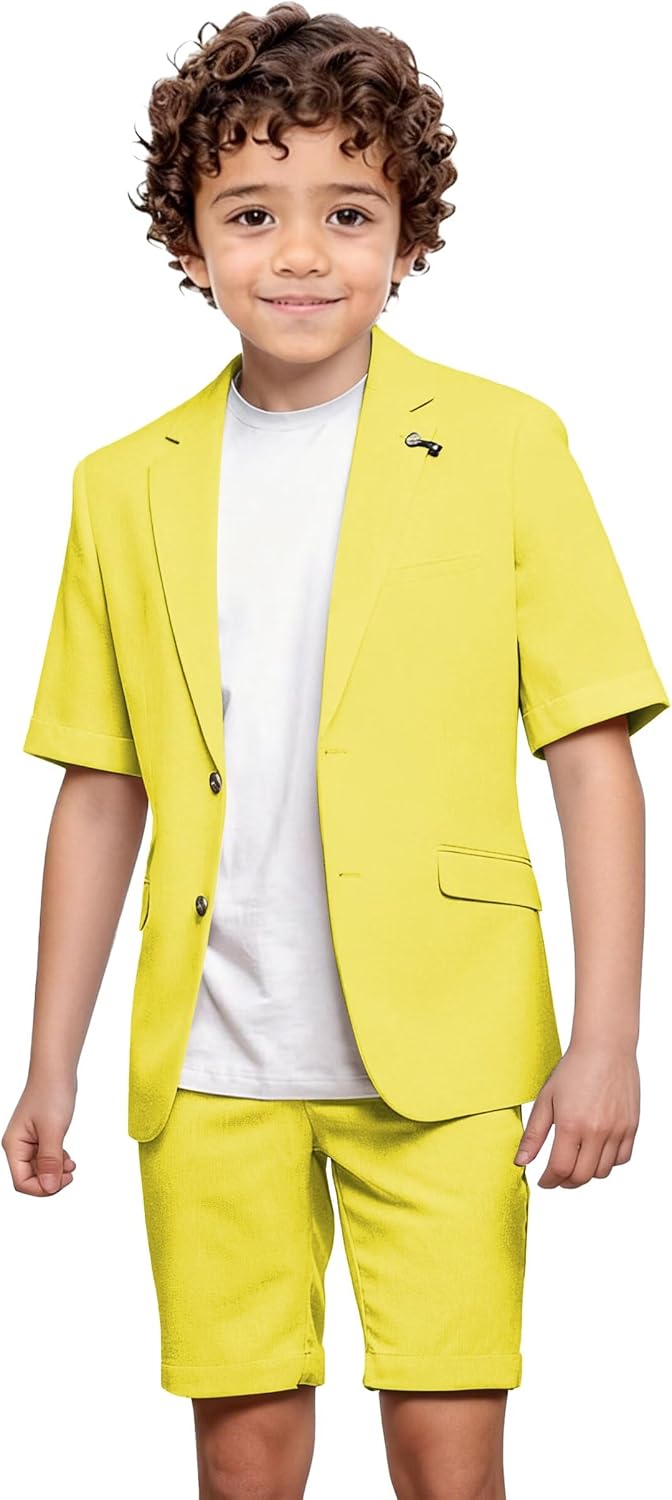 Boys Linen Suit 2 Piece Casual Shorts Suit for Boys Summer Beach Wedding Homecoming Boy Ring Bearer Outfit
