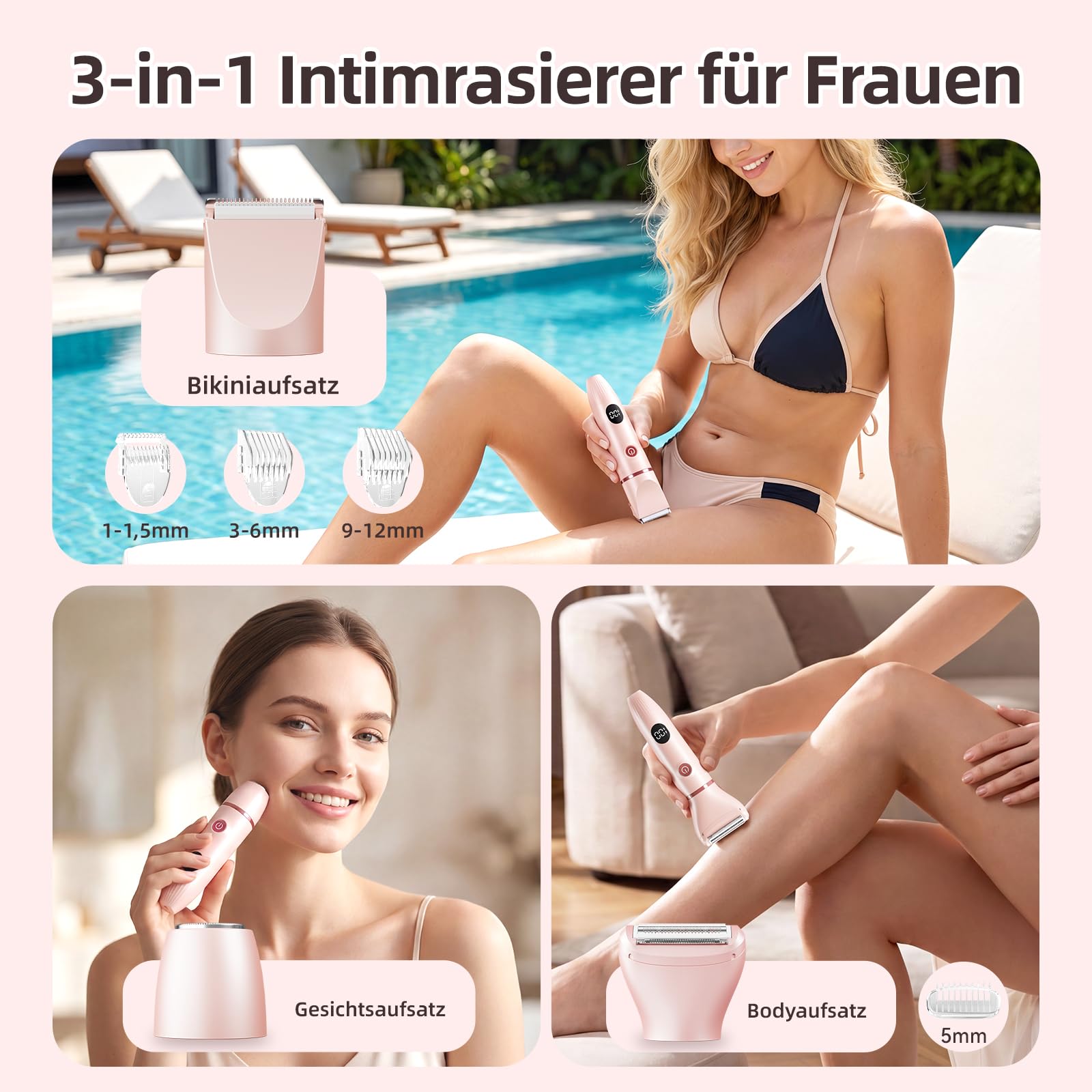 3-in-1 Intimrasierer für Frauen, Elektrischer Rasierer Damen | IPX7 wasserdicht, Sanfte Keramikklingen, LED-Anzeige, 600-mAh-Akku, kabellose Bauweise, 4 Kammaufsätze, Type-C-Ladung