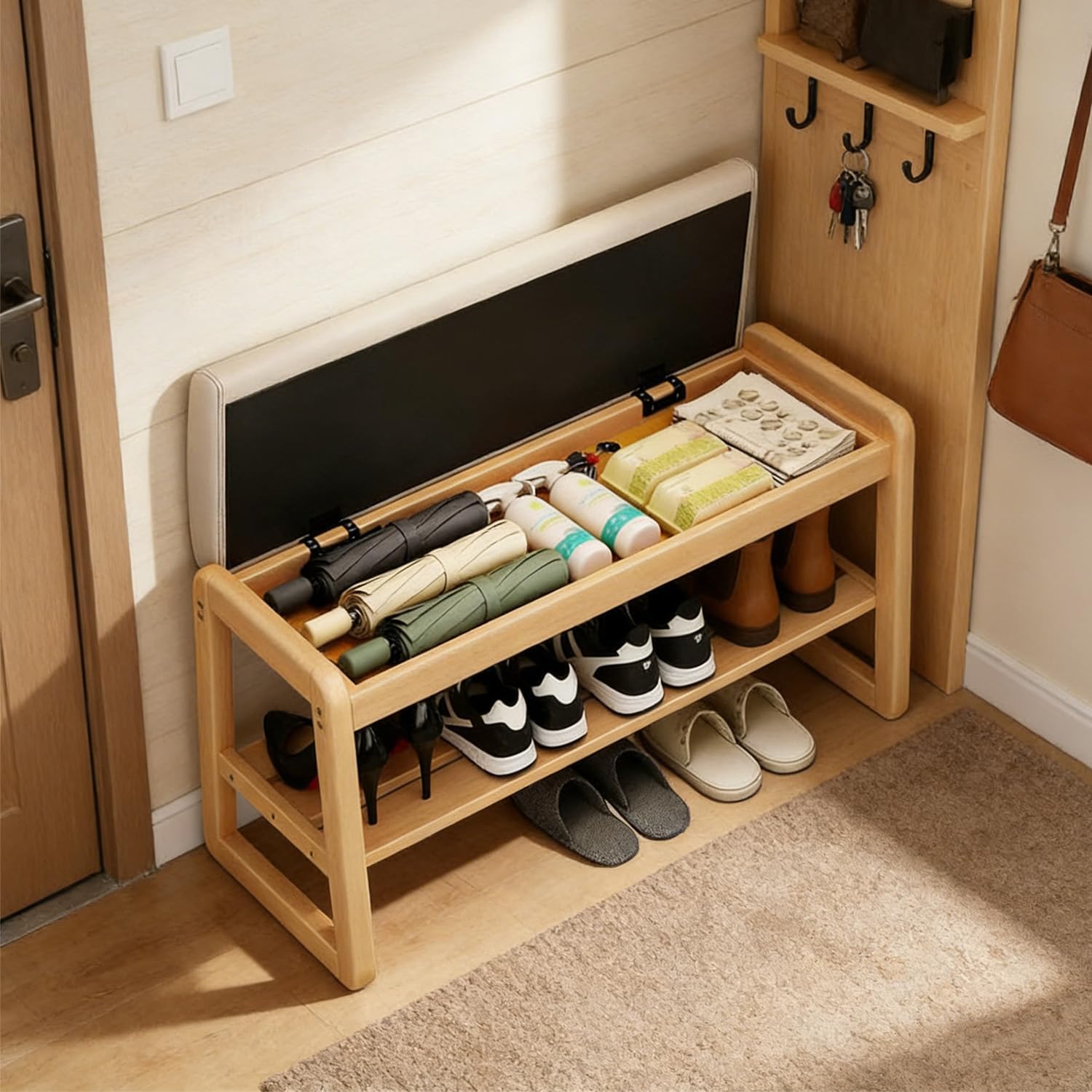 Shoe Rack Bench with Flip-Top Storage, Solid Rubberwood 2-Tier Shoe Organizer with Cushion, Wooden Shoe Stand for Entryway, Mudroom, Hallway, Closet, Front Door Entrance, Foyer,31.5in