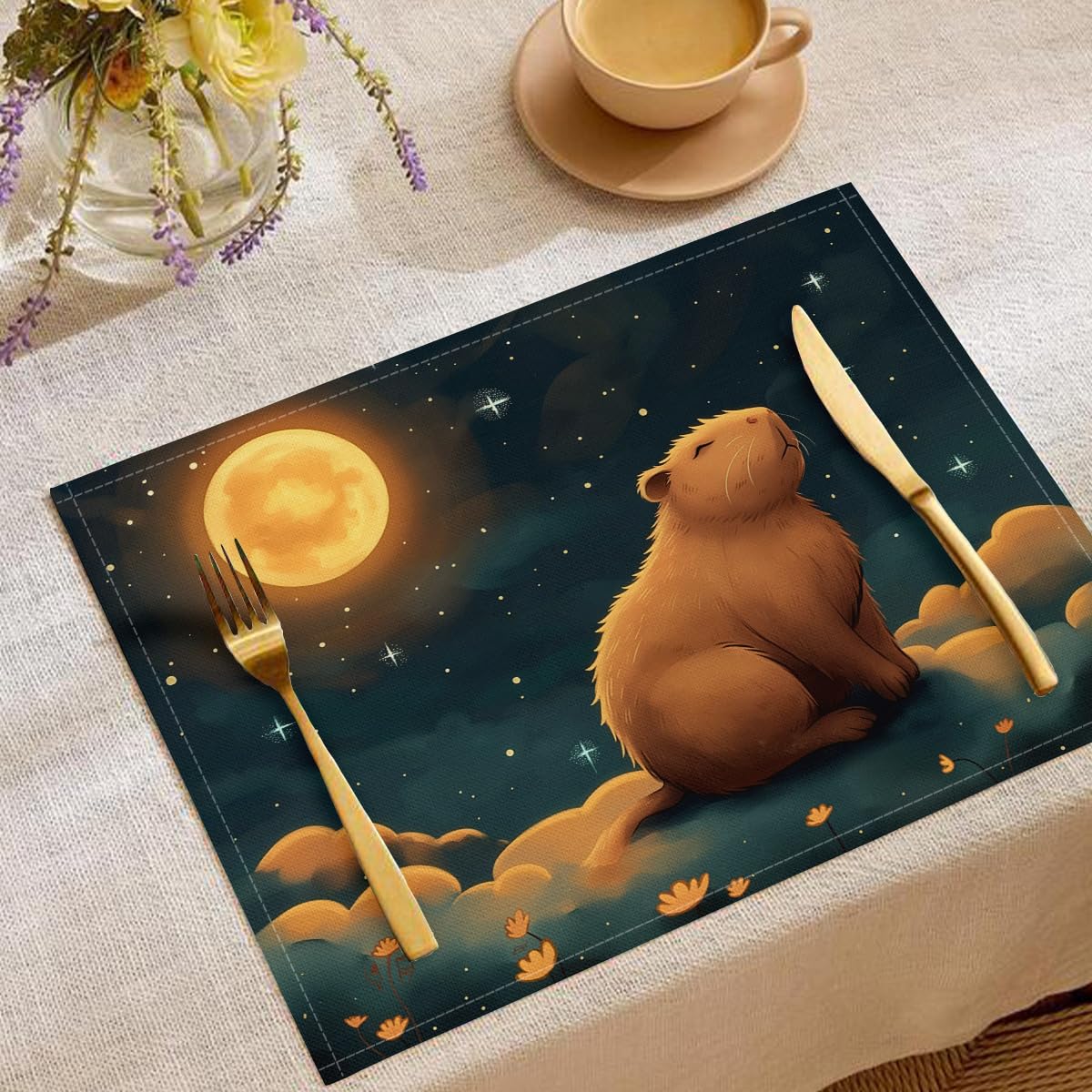 Set de table lin de coton durable rectangulaire résistant chaleur x6