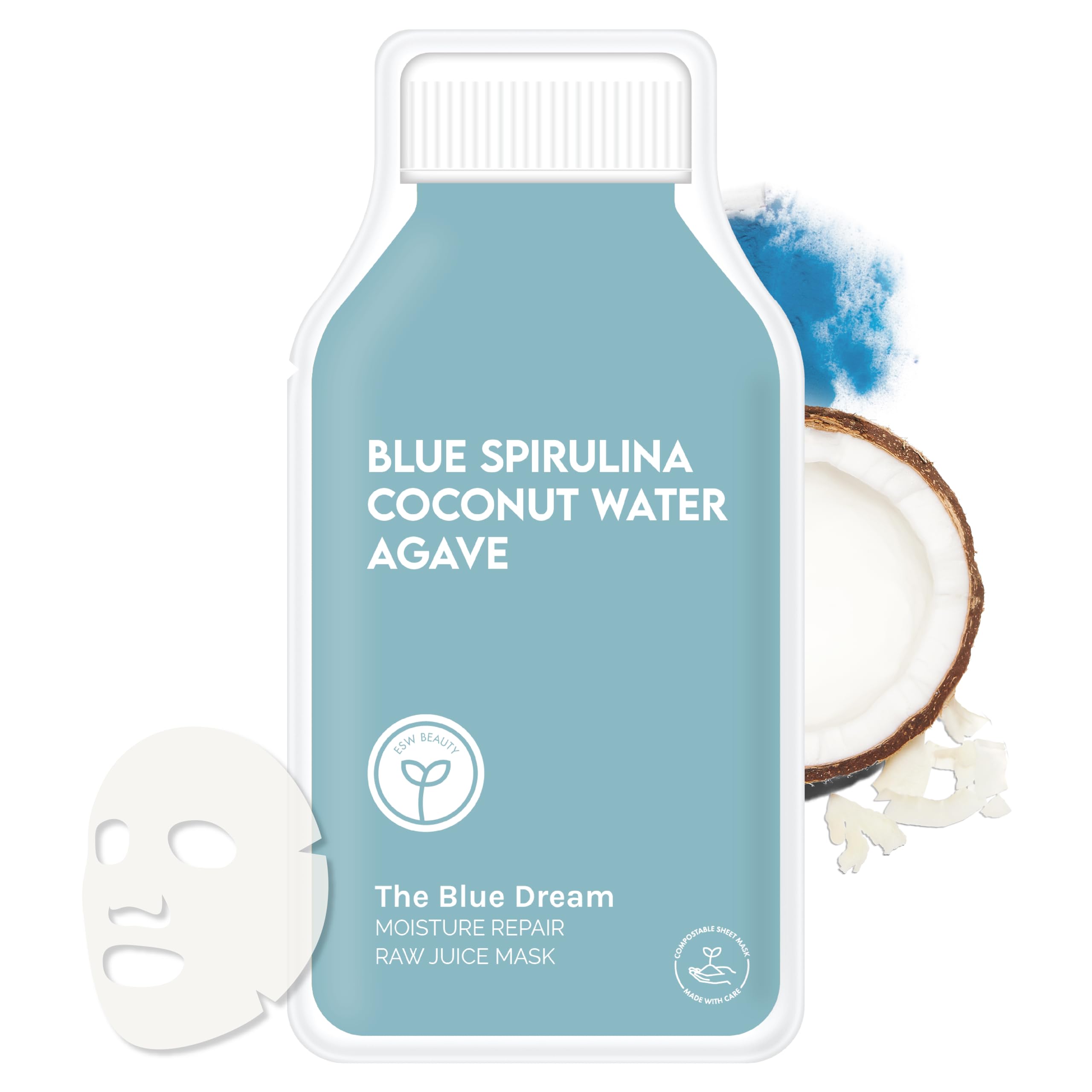 ESW Beauty The Blue Dream - Moisture Repair Raw Juice Face Mask - Hydrating with Blue Spirulina, Coconut Water & Agave for Dry, Sensitive Skin -
