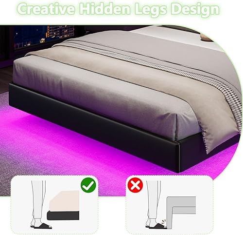 Miniatura 5 de Marco de cama flotante tamaño Queen, marco de cama tapizado tamaño Queen con cabecero, luces LED RGB, soporte de listones de madera maciza, no