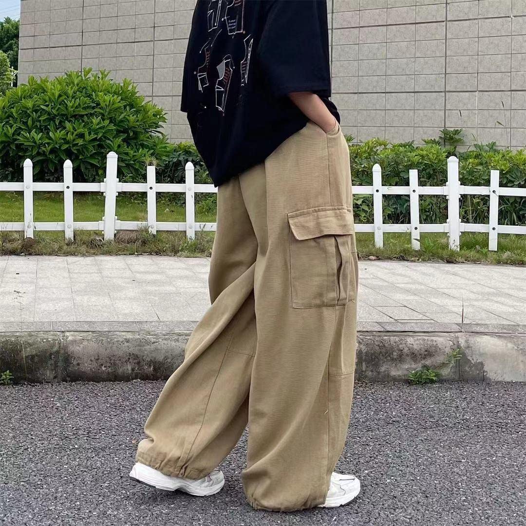 Pantalones de paracaídas tipo cargo para hombres y mujeres, holgados, Harajuku, de cintura baja, Y2K, pantalones Grunge, unisex, Caqui, XX-Large